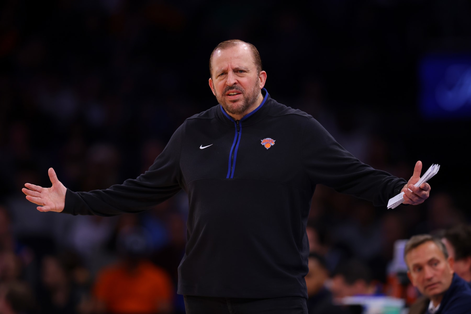 NEW YORK, NEW YORK - DECEMBER 03: Head coach Tom Thibodeau of the New York Knicks looks on from the bench during the game against the Dallas Mavericks at Madison Square Garden on December 03, 2022 in New York City NOTE TO USER: User expressly acknowledges and agrees that, by downloading and or using this Photograph, user is consenting to the terms and conditions of the Getty Images License Agreement. Dallas Mavericks defeated the New York Knicks 121-100. (Photo by Mike Stobe/Getty Images)