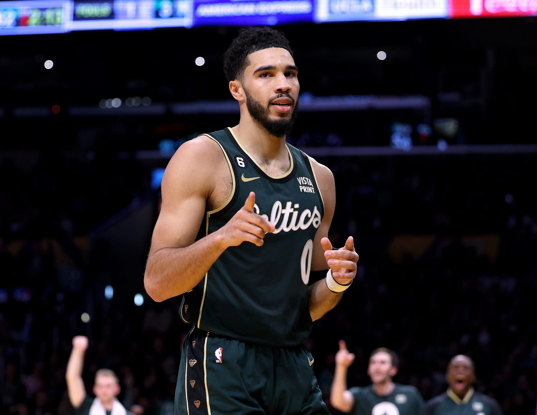 LOS ANGELES, CALIFORNIA - DECEMBER 13: Jayson Tatum #0 of the Boston Celtics celebrates his basket with a Los Angeles Lakers foul during the first half at Crypto.com Arena on December 13, 2022 in Los Angeles, California. NOTE TO USER: User expressly acknowledges and agrees that, by downloading and/or using this photograph, User is consenting to the terms and conditions of the Getty Images License Agreement. Mandatory Copyright Notice: Copyright 2022 NBAE. (Photo by Harry How/Getty Images)