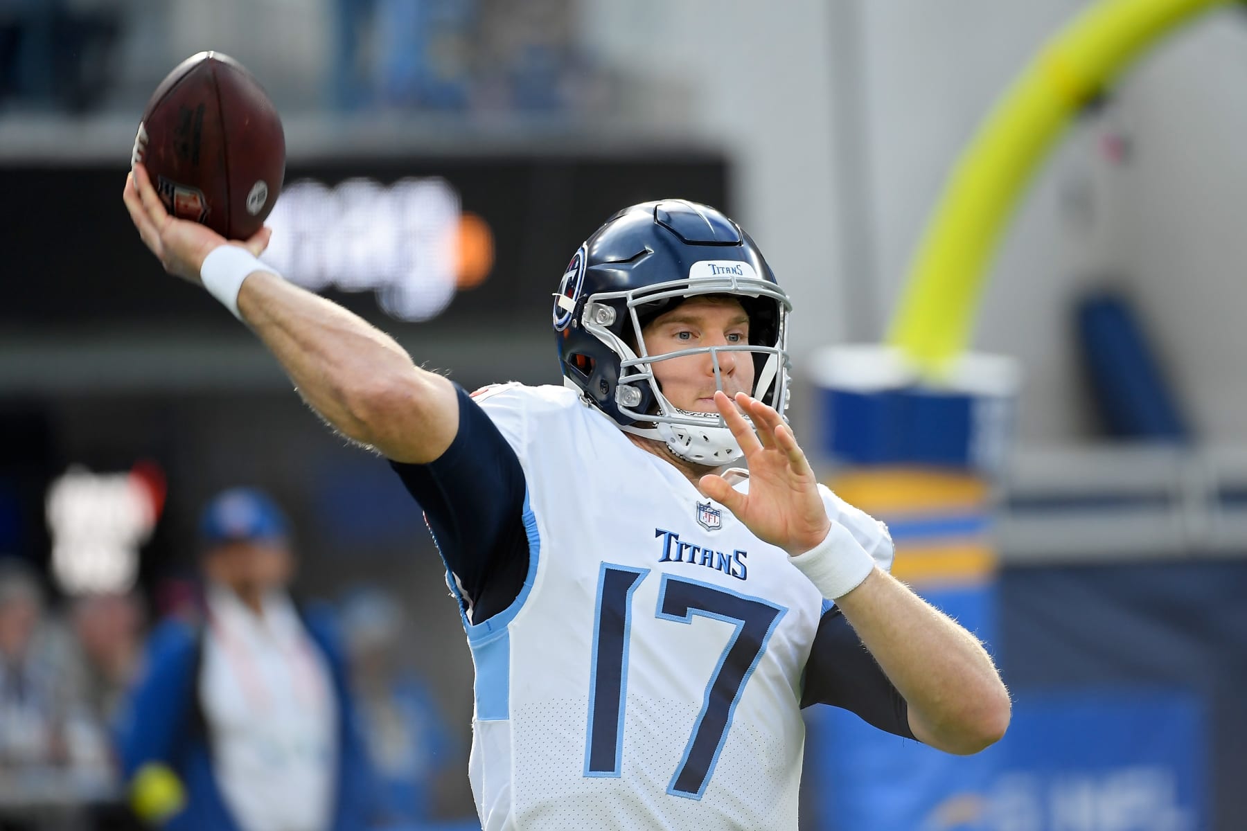 Dec 18, 2022; Inglewood, California, USA; Tennessee Titans quarterback Ryan Tannehill (17) throws a pass during the fourth quarter against the Los Angeles Chargers at SoFi Stadium. Mandatory Credit: Robert Hanashiro-USA TODAY Sports - Green Bay Packers