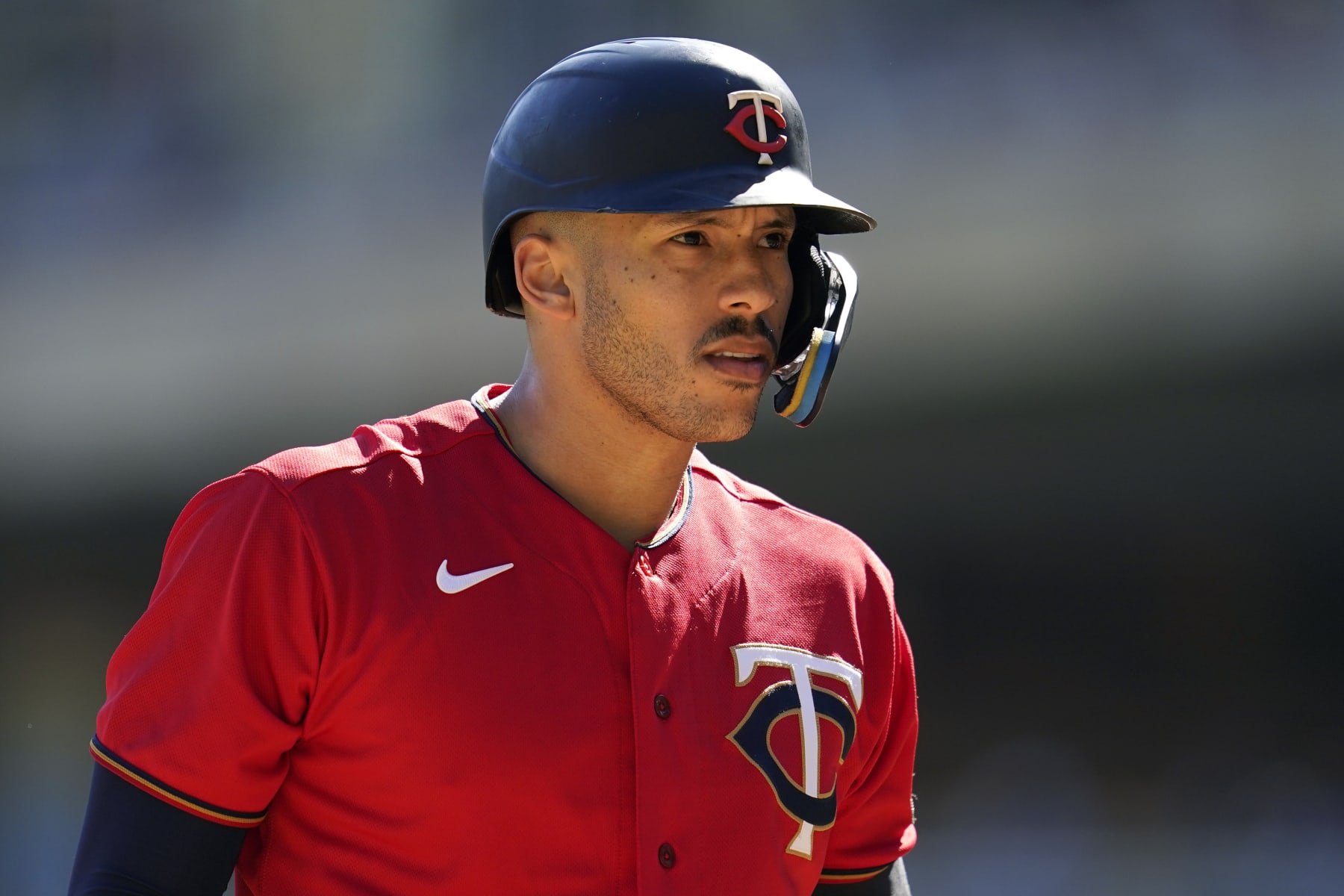 Minnesota Twins' Carlos Correa reacts while batting during the first inning of a baseball game against the Chicago White Sox, Thursday, Sept. 29, 2022, in Minneapolis. (AP Photo/Abbie Parr)