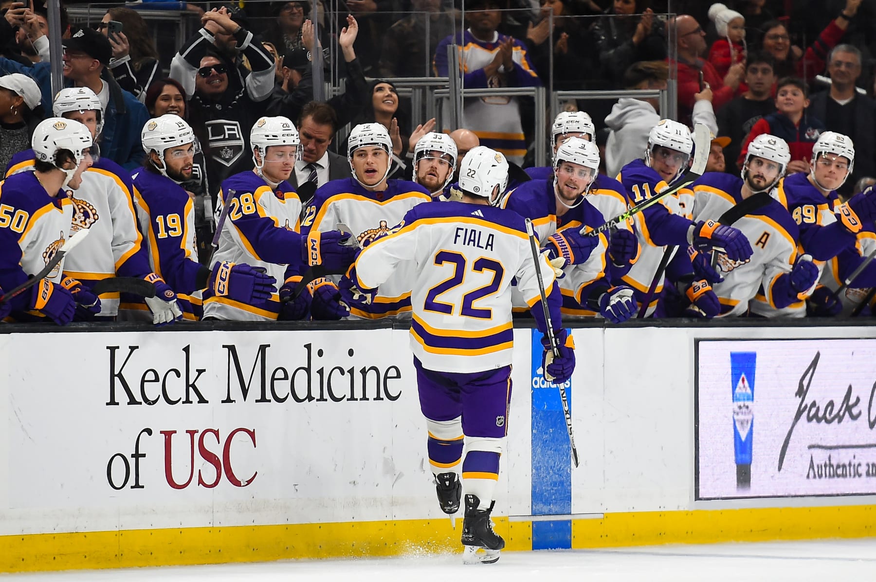 LOS ANGELES, CA - DECEMBER 17: Kevin Fiala #22 of the Los Angeles Kings celebrates his goal with teammates during overtime against the San Jose Sharks at Crypto.com Arena on December 17, 2022 in Los Angeles, California. (Photo by Kelly Smiley/NHLI via Getty Images)