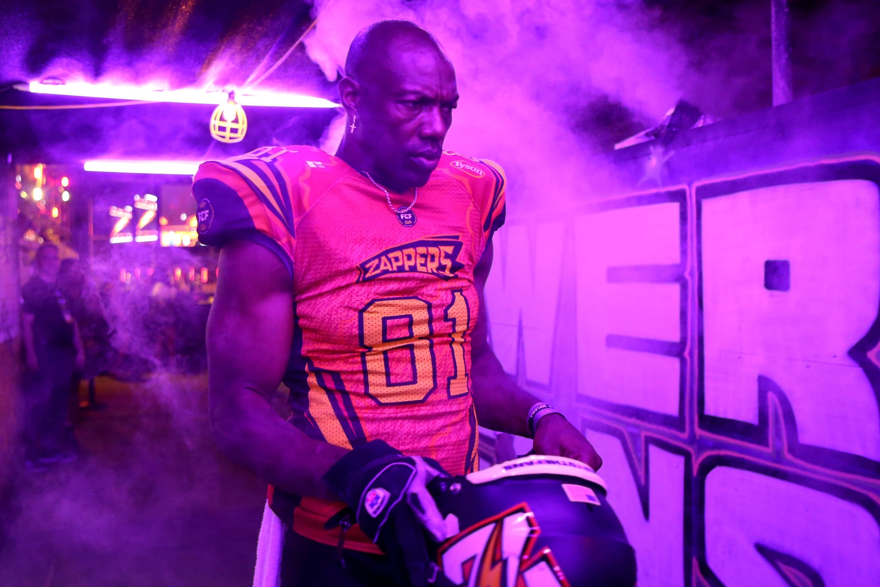 ATLANTA, GEORGIA - APRIL 30: Terrell Owens #81 of the Zappers takes the field prior to playing the Knights of Degen during Fan Controlled Football Season v2.0 - Week Three on April 30, 2022 in Atlanta, Georgia. (Photo by Brett Davis/Fan Controlled Football/Getty Images)