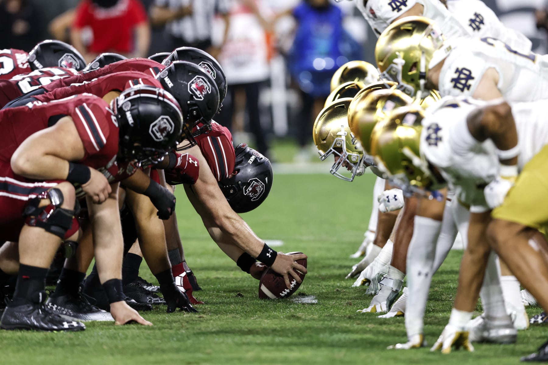 JACKSONVILLE, FL - DECEMBER 30: A general view of the South Carolina Gamecocks lining up against the Notre Dame Fighting Irish at the line of scrimmage at the 78th annual TaxSlayer Gator Bowl at TIAA Bank Field on January 2, 2021 in Jacksonvile, Florida. The Fighting Irish defeated The Gamecocks 45 to 38. (Photo by Don Juan Moore/Getty Images)