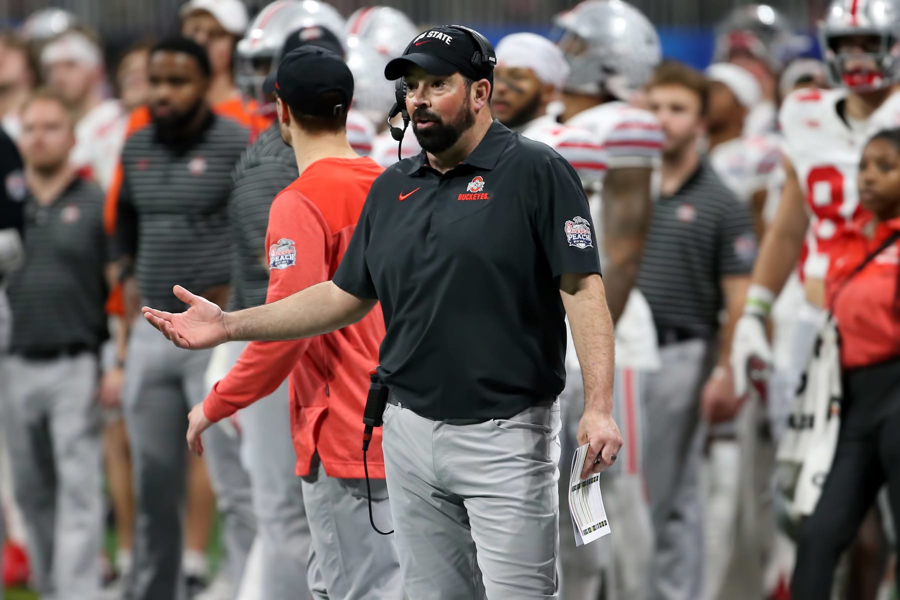 ATLANTA, GA - DECEMBER 31: Ohio State Buckeyes head coach Ryan Day during the college football Playoff Semifinal game at the Chick-fil-a Peach Bowl between the Georgia Bulldogs and the Ohio State Buckeyes on December 31, 2022 at Mercedes-Benz Stadium in Atlanta, Georgia.  (Photo by Michael Wade/Icon Sportswire via Getty Images)