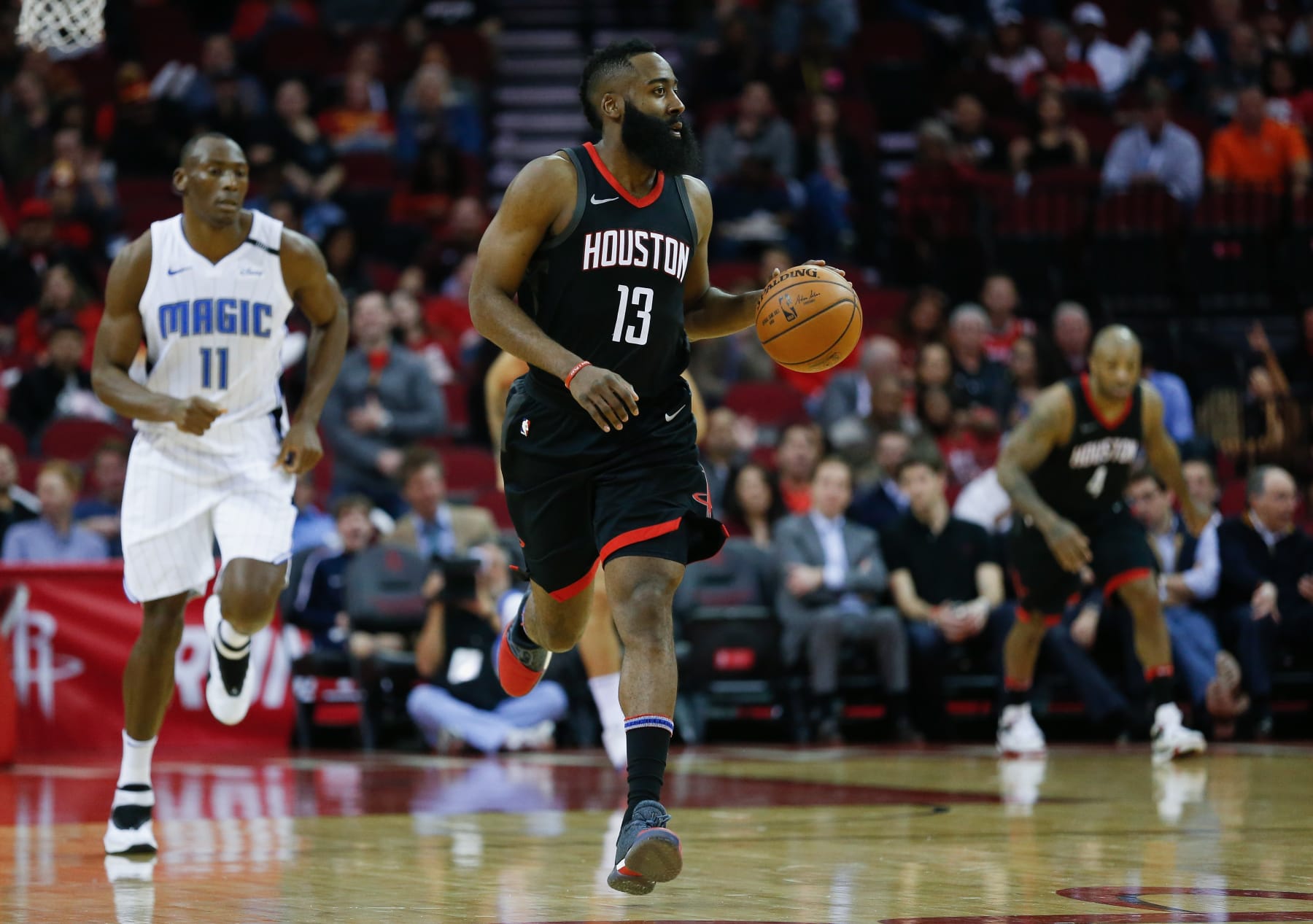 HOUSTON, TX - JANUARY 30: James Harden #13 of the Houston Rockets brings the ball up the court against the Orlando Magic at Toyota Center on January 30, 2018 in Houston, Texas. NOTE TO USER: User expressly acknowledges and agrees that, by downloading and or using this photograph, User is consenting to the terms and conditions of the Getty Images License Agreement. (Photo by Bob Levey/Getty Images) HOUSTON, TX - JANUARY 30: James Harden #13 of the Houston Rockets brings the ball up the court against the Orlando Magic at Toyota Center on January 30, 2018 in Houston, Texas. NOTE TO USER: User expressly acknowledges and agrees that, by downloading and or using this photograph, User is consenting to the terms and conditions of the Getty Images License Agreement. (Photo by Bob Levey/Getty Images)