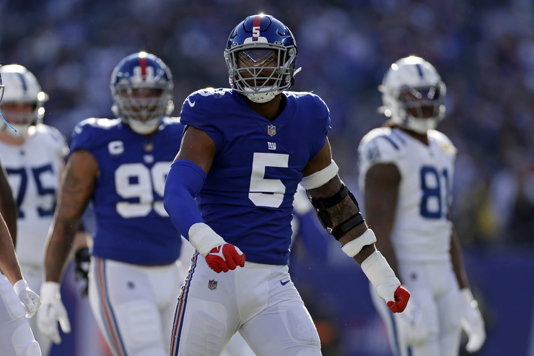 New York Giants defensive end Kayvon Thibodeaux (5) reacts against the Indianapolis Colts during an NFL football game Sunday, Jan. 1, 2023, in East Rutherford, N.J. (AP Photo/Adam Hunger)