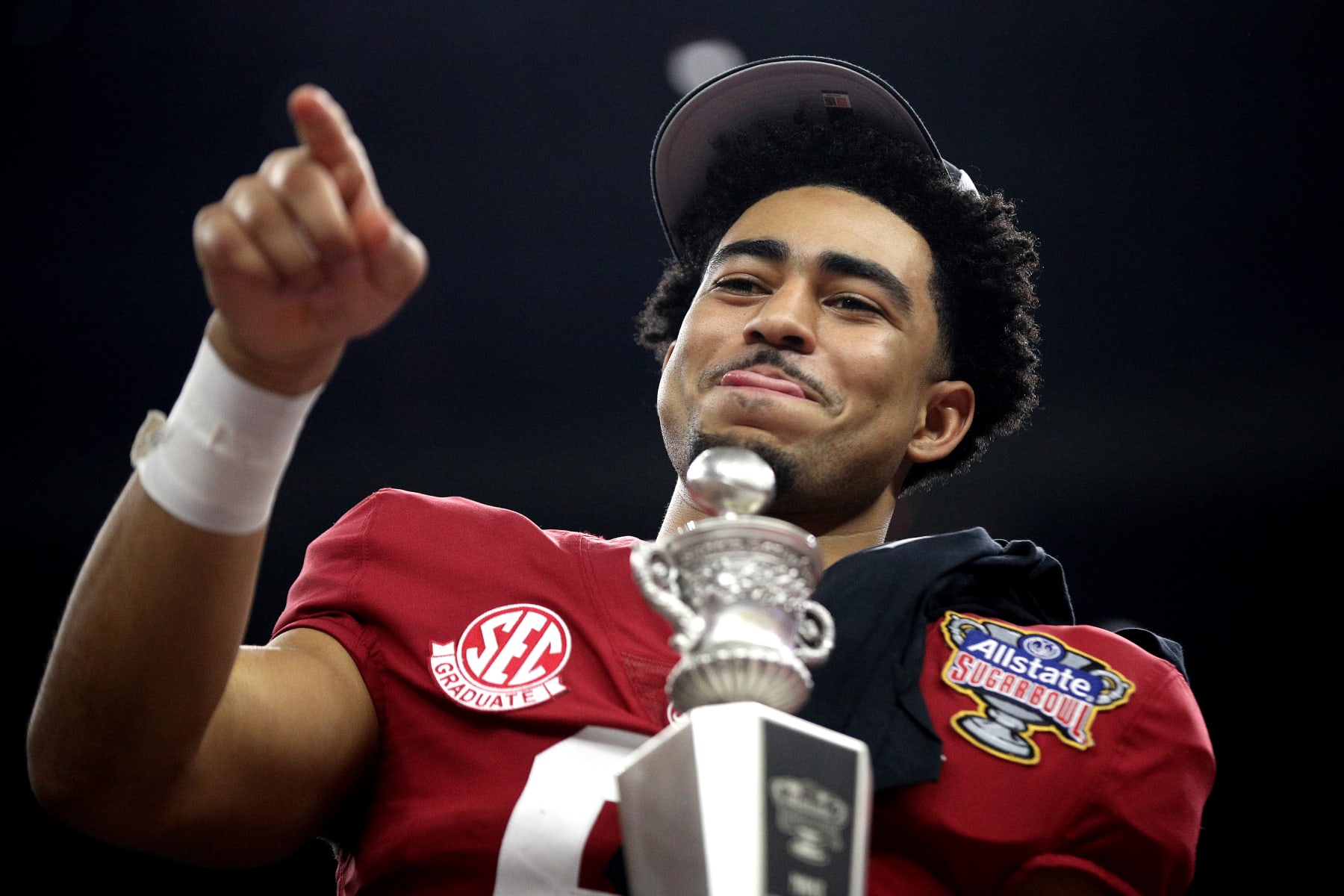 NEW ORLEANS, LOUISIANA - DECEMBER 31: Bryce Young #9 of the Alabama Crimson Tide celebrates after recieving MVP award during of the Allstate Sugar Bowl against the Kansas State Wildcats at Caesars Superdome on December 31, 2022 in New Orleans, Louisiana. Alabama Crimson Tide won the game 45 - 20. (Photo by Sean Gardner/Getty Images) NEW ORLEANS, LOUISIANA - DECEMBER 31: Bryce Young #9 of the Alabama Crimson Tide celebrates after recieving MVP award during of the Allstate Sugar Bowl against the Kansas State Wildcats at Caesars Superdome on December 31, 2022 in New Orleans, Louisiana. Alabama Crimson Tide won the game 45 - 20. (Photo by Sean Gardner/Getty Images)