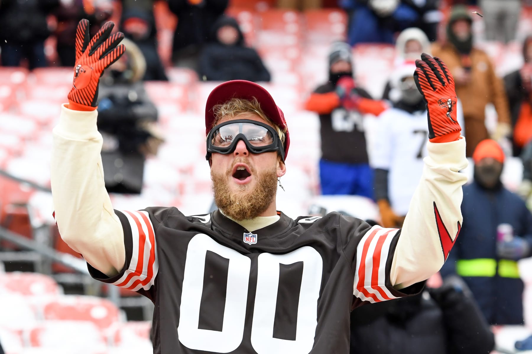 CLEVELAND, OHIO - DECEMBER 24: Jake Paul celebrates prior to a game between the New Orleans Saints and the Cleveland Browns at FirstEnergy Stadium on December 24, 2022 in Cleveland, Ohio. (Photo by Nick Cammett/Diamond Images via Getty Images) CLEVELAND, OHIO - DECEMBER 24: Jake Paul celebrates prior to a game between the New Orleans Saints and the Cleveland Browns at FirstEnergy Stadium on December 24, 2022 in Cleveland, Ohio. (Photo by Nick Cammett/Diamond Images via Getty Images)
