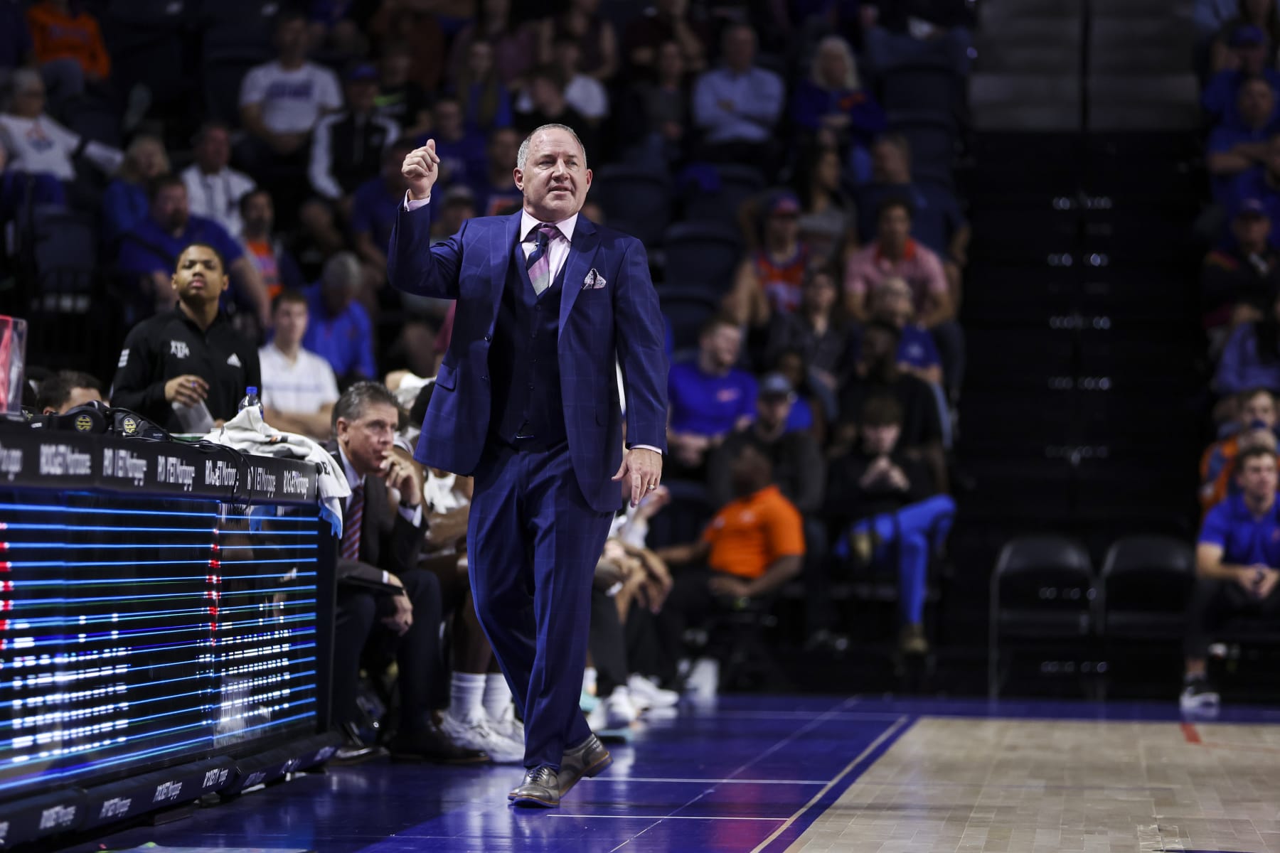 GAINESVILLE, FLORIDA - JANUARY 04: Head Coach Buzz Williams of the Texas A&M Aggies looks on during the first half of a game against the Florida Gators at the Stephen C. O'Connell Center on January 04, 2023 in Gainesville, Florida. (Photo by James Gilbert/Getty Images)