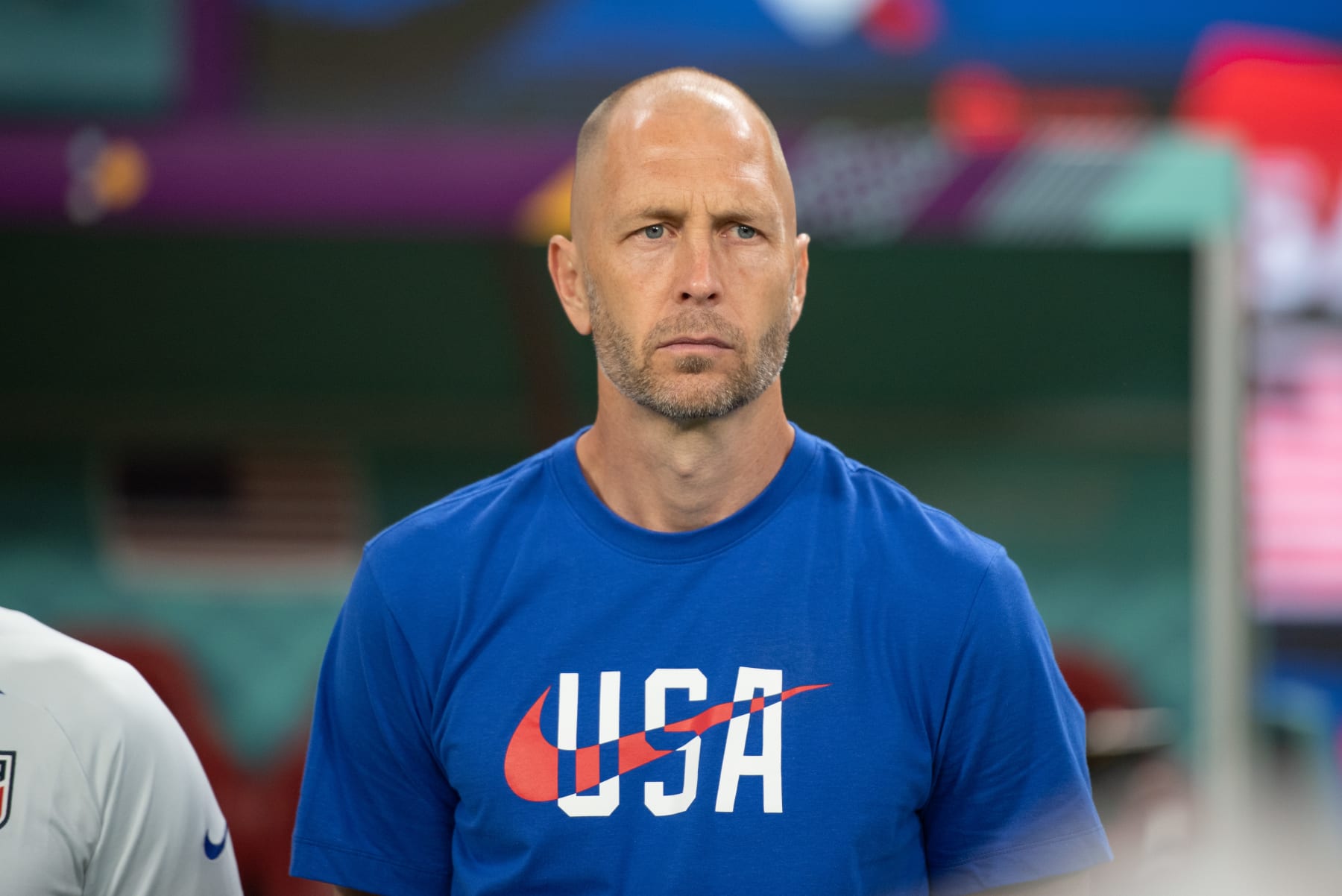 DOHA, QATAR - DECEMBER 3: Greg Berhalter of the United States lines up for the national anthem before a FIFA World Cup Qatar 2022 Round of 16 match between Netherlands and USMNT at Khalifa International Stadium on December 3, 2022 in Doha, Qatar. (Photo by Stephen Nadler/ISI Photos/Getty Images)
