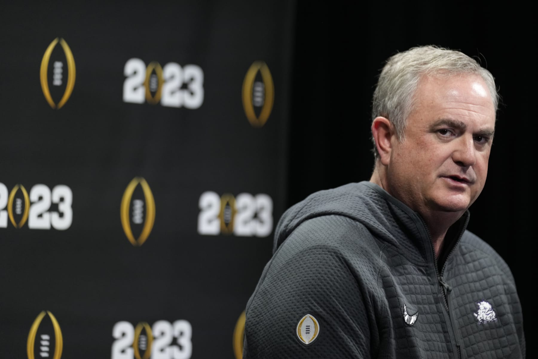 TCU head coach Sonny Dykes speaks during a media day ahead of the national championship NCAA College Football Playoff game between Georgia and TCU, Saturday, Jan. 7, 2023, in Los Angeles. The champoinship football game will be played Monday. (AP Photo/Marcio Jose Sanchez)