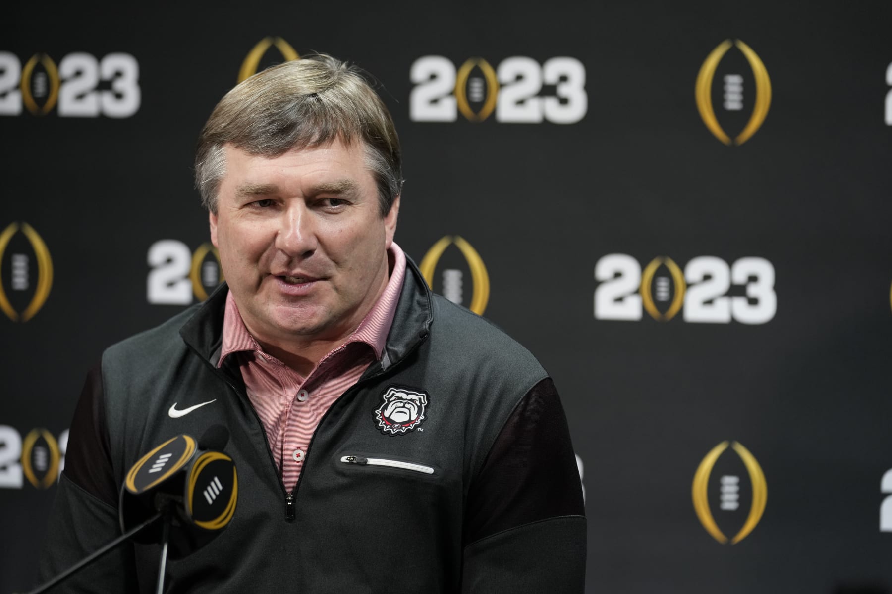 Georgia head coach Kirby Smart speaks during a media day ahead of the national championship NCAA College Football Playoff game between Georgia and TCU, Saturday, Jan. 7, 2023, in Los Angeles. The championship football game will be played Monday. (AP Photo/Marcio Jose Sanchez)