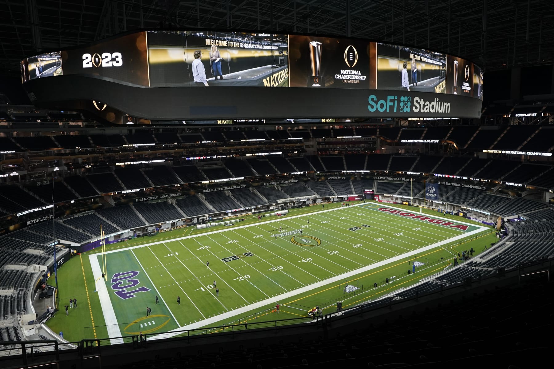 SoFi Stadium is seen after team practice ahead of the national championship NCAA College Football Playoff game between Georgia and TCU, Saturday, Jan. 7, 2023, in Inglewood, Calif. The championship football game will be played Monday. (AP Photo/Marcio Jose Sanchez)