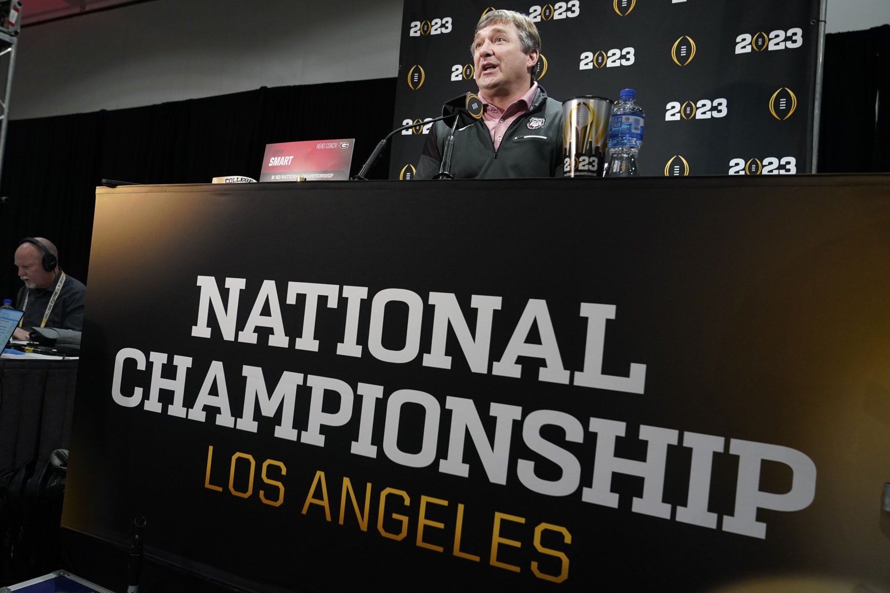 Georgia head coach Kirby Smart speaks during a media day ahead of the national championship NCAA College Football Playoff game between Georgia and TCU, Saturday, Jan. 7, 2023, in Los Angeles. The championship football game will be played Monday. (AP Photo/Marcio Jose Sanchez)