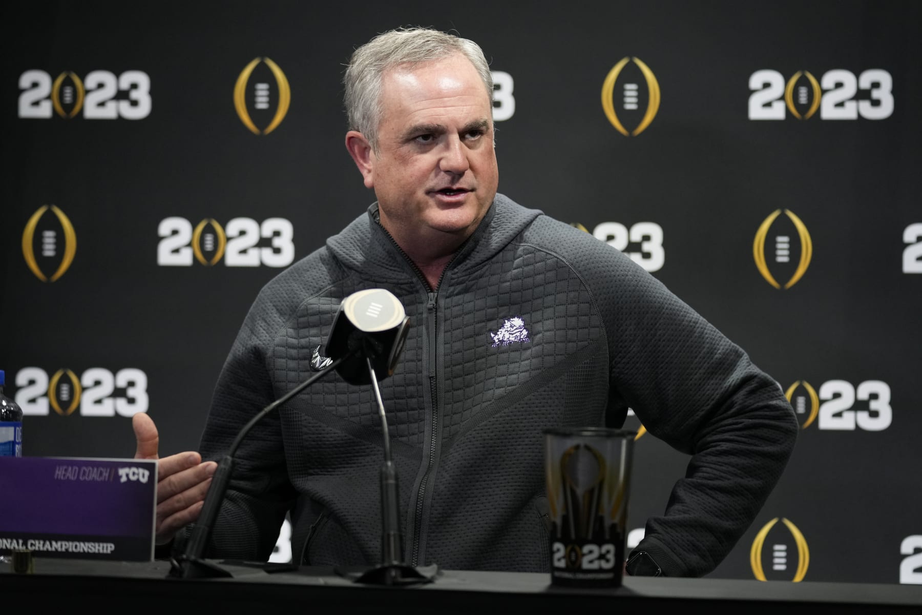TCU head coach Sonny Dykes speaks during a media day ahead of the national championship NCAA College Football Playoff game between Georgia and TCU, Saturday, Jan. 7, 2023, in Los Angeles. The champoinship football game will be played Monday. (AP Photo/Marcio Jose Sanchez)