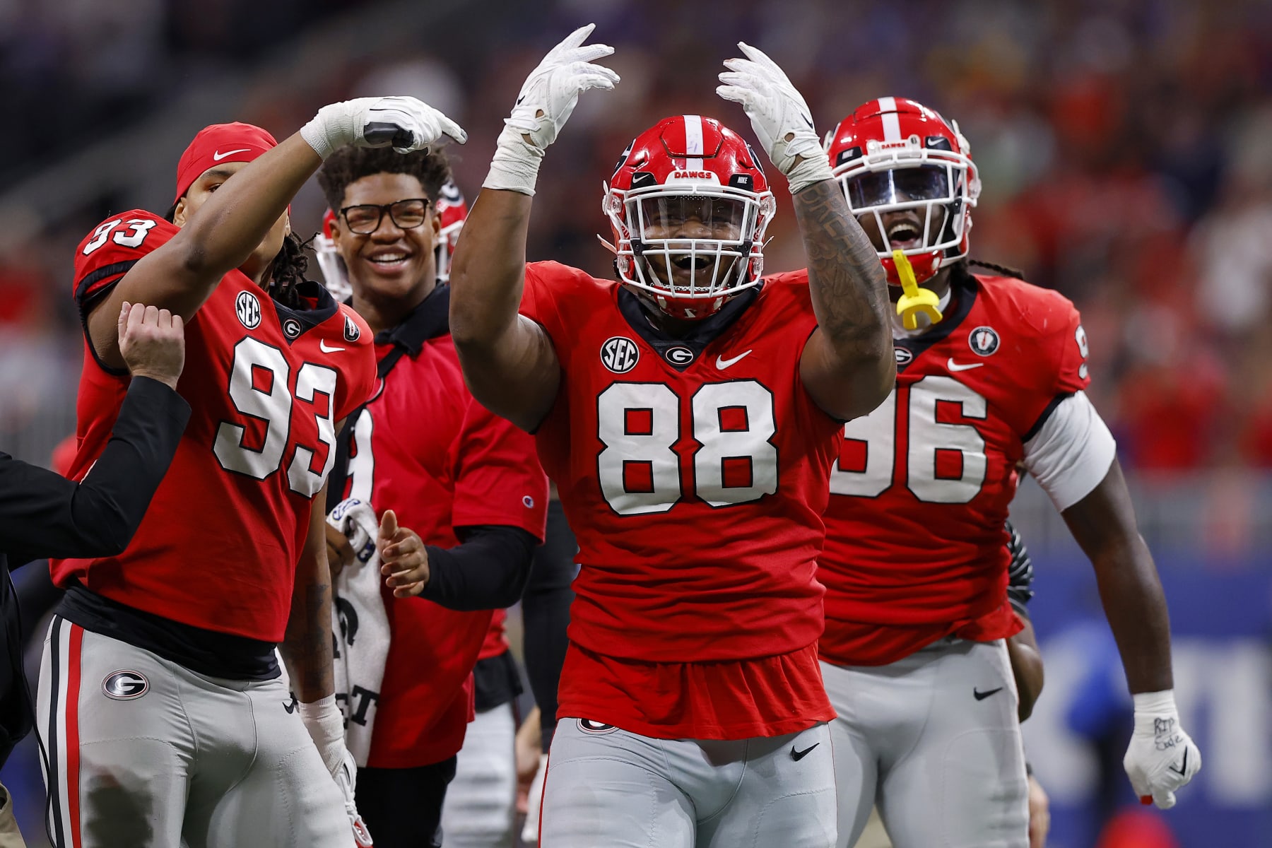 ATLANTA, GEORGIA - DECEMBER 03: Jalen Carter #88 of the Georgia Bulldogs reacts after a defensive stop against the LSU Tigers during the second quarter in the SEC Championship game at Mercedes-Benz Stadium on December 03, 2022 in Atlanta, Georgia. (Photo by Todd Kirkland/Getty Images)