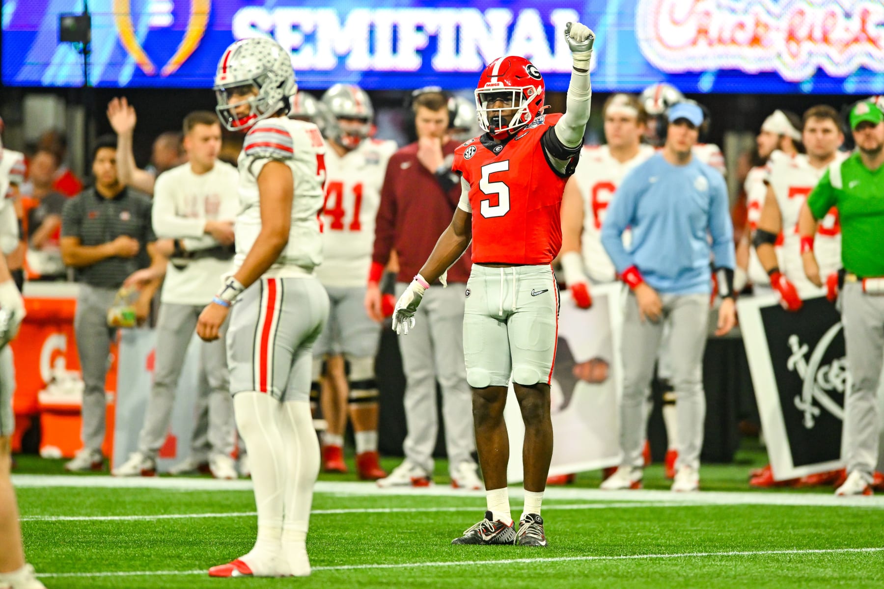 ATLANTA, GA DECEMBER 31: Georgia defensive back Kelee Ringo (5) signals for fourth down during the Chick-fil-A Peach Bowl college football playoff game between the Ohio State Buckeyes and the Georgia Bulldogs on December 31st, 2022 at Mercedes-Benz Stadium in Atlanta, GA. (Photo by Rich von Biberstein/Icon Sportswire via Getty Images)