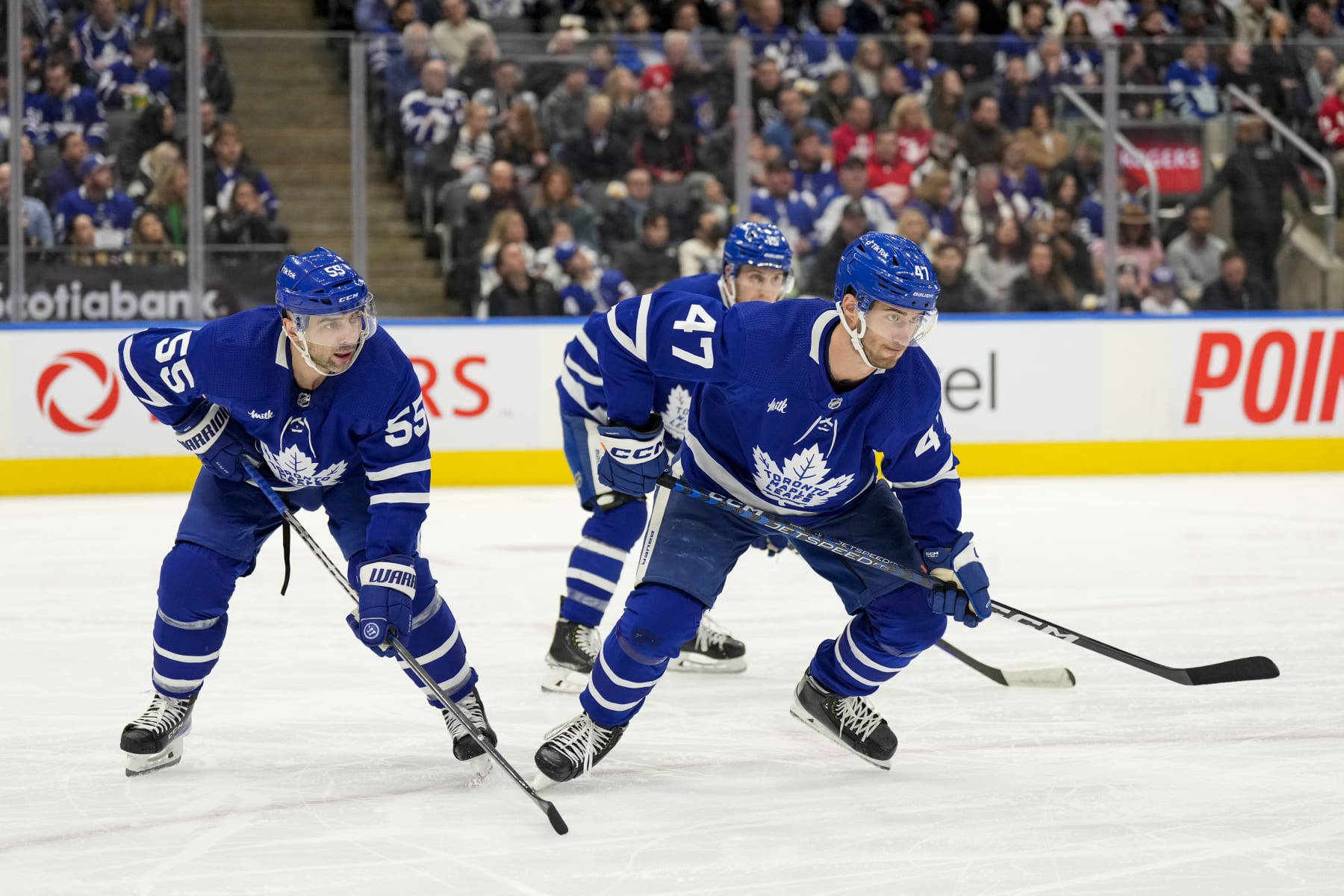 TORONTO, ON - JANUARY 7: Mark Giordano #55 of the Toronto Maple Leafs,Pierre Engvall #47 set for a face-off the Detroit Red Wings during the first period at the Scotiabank Arena on January 7, 2023 in Toronto, Ontario, Canada. (Photo by Kevin Sousa/NHLI via Getty Images)