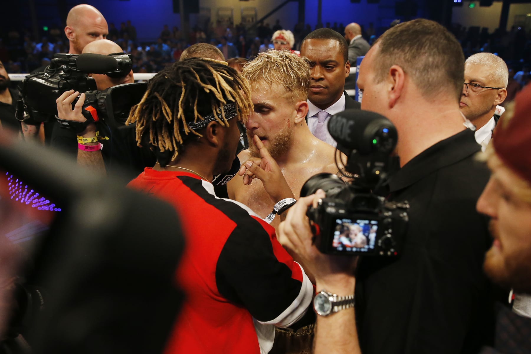 MIAMI, FLORIDA - JANUARY 30: Jake Paul and KSI argue after Paul defeated AnEsonGib in a first round knockout during their fight at Meridian at Island Gardens on January 30, 2020 in Miami, Florida. (Photo by Michael Reaves/Getty Images)