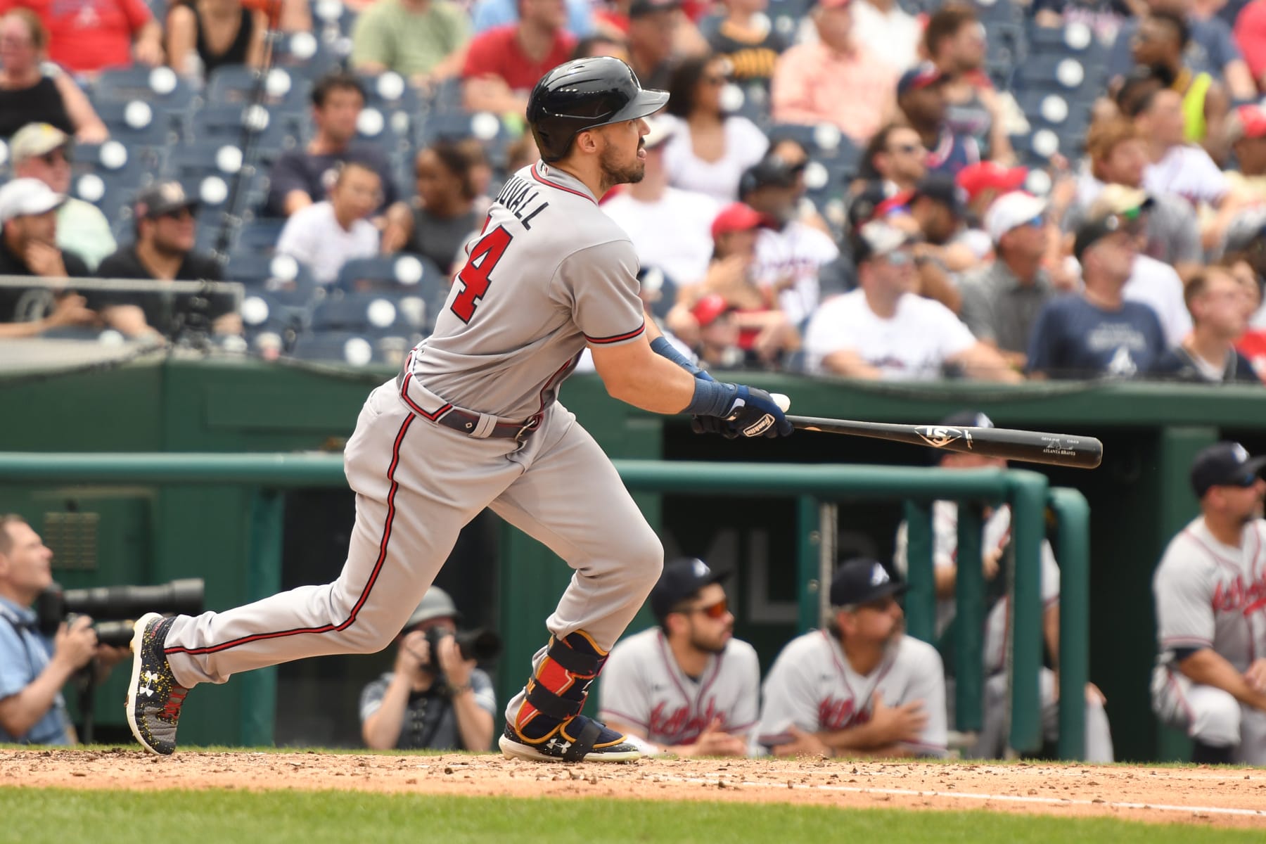 WASHINGTON, DC - JULY 17: Adam Duvall #14 of the Atlanta Braves takes a swing during a baseball game against the Washington Nationals at Nationals Park on July 17, 2022 in Washington, DC. (Photo by Mitchell Layton/Getty Images)