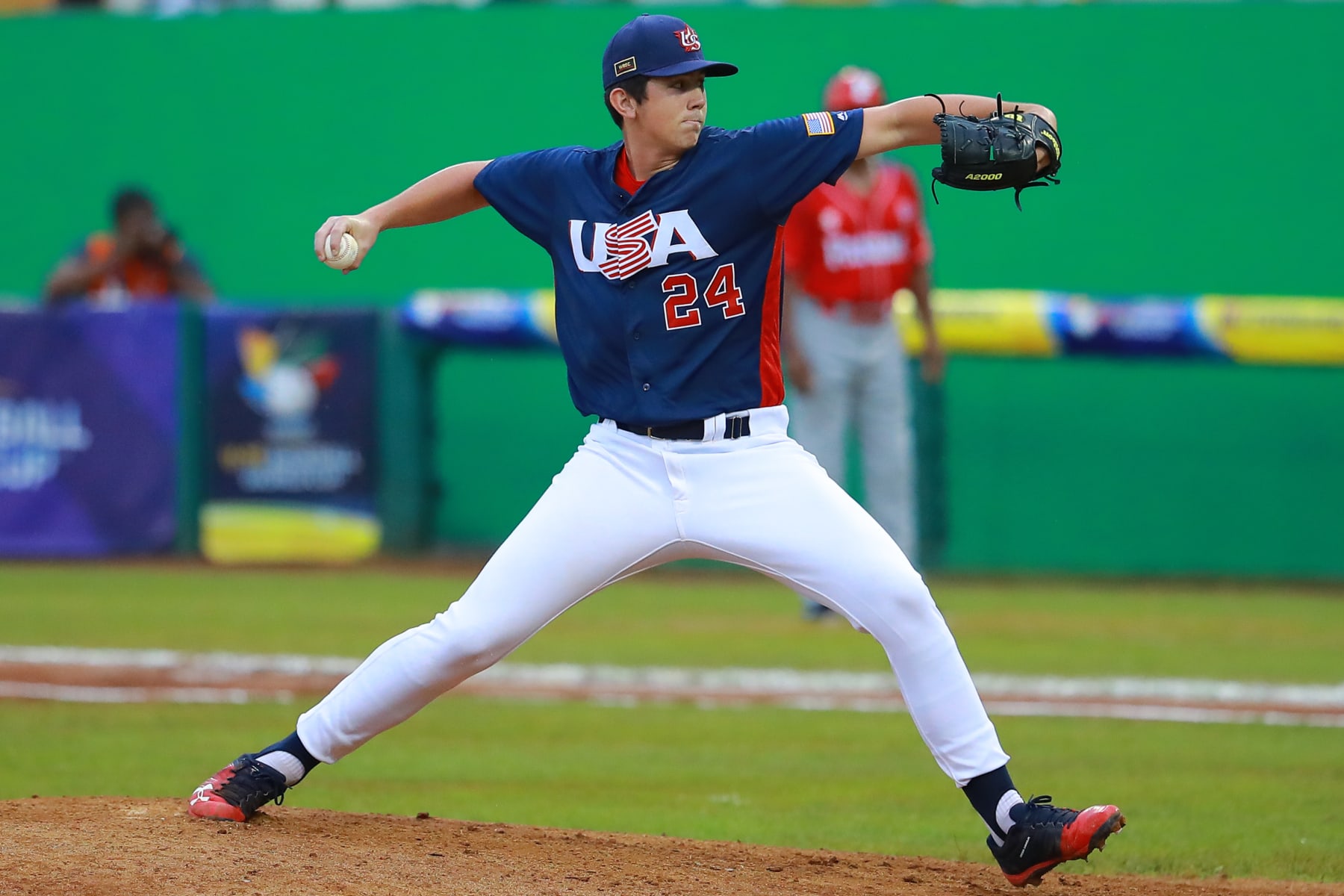 DAVID, PANAMA - AUGUST 19: Andrew Painter #24 of United States pitches in the 1st inning during the final match of WSBC U-15 World Cup Super Round at Estadio Kenny Serracin on August 19, 2018 in David, Panama. (Photo by Hector Vivas/Getty Images)