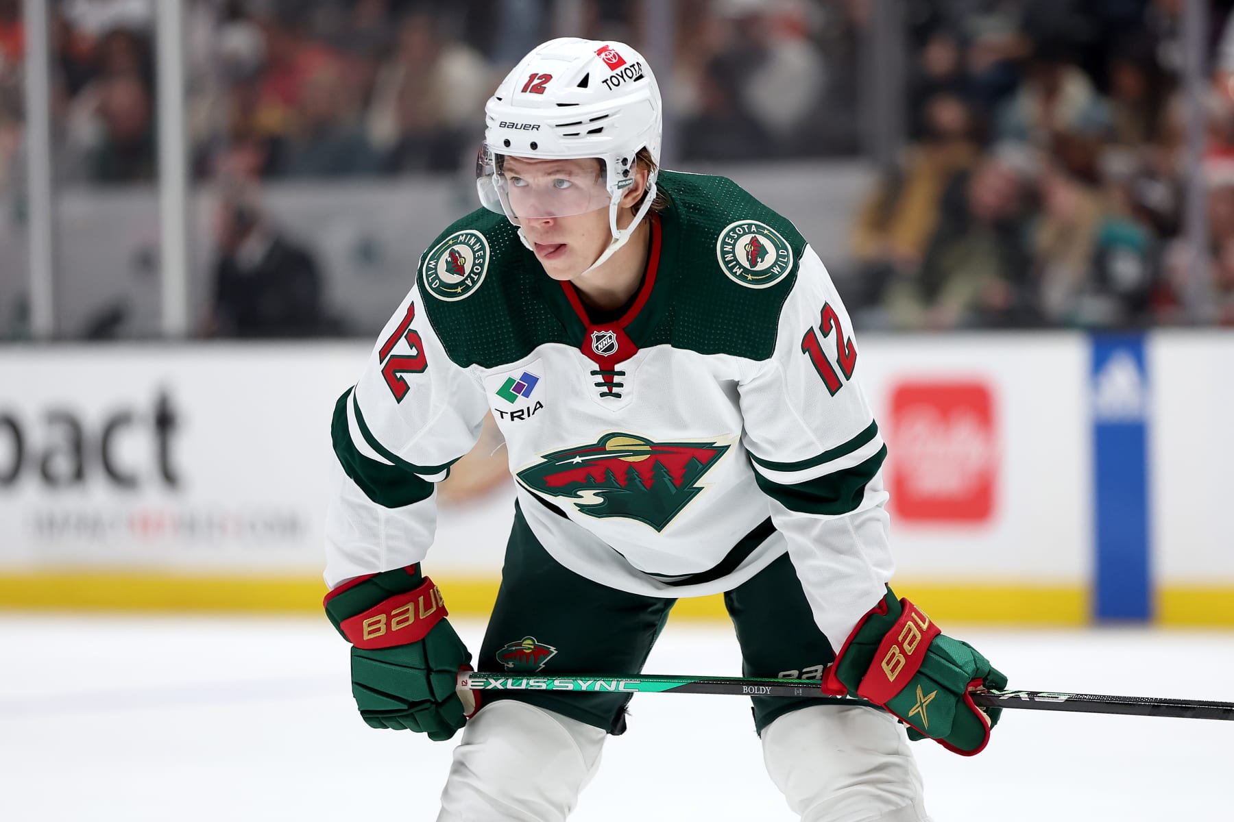 ANAHEIM, CALIFORNIA - DECEMBER 21: Matt Boldy #12 of the Minnesota Wild skates at the face off circle during a game against the Anaheim Ducks at Honda Center on December 21, 2022 in Anaheim, California. (Photo by Sean M. Haffey/Getty Images)