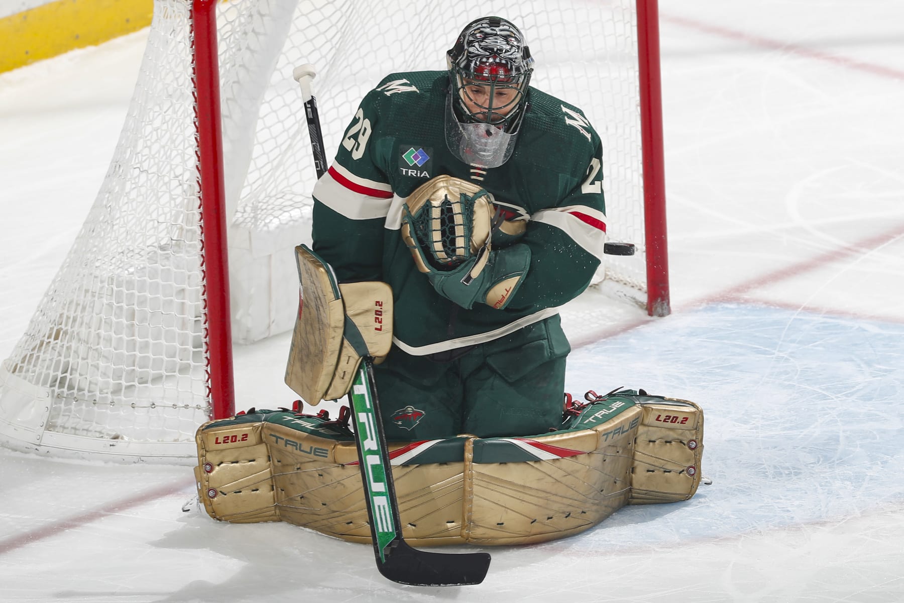 SAINT PAUL, MN - JANUARY 14: Marc-Andre Fleury #29 of the Minnesota Wild makes a save against the Arizona Coyotes during the game at the Xcel Energy Center on January 14, 2023 in Saint Paul, Minnesota. (Photo by Bruce Kluckhohn/NHLI via Getty Images)