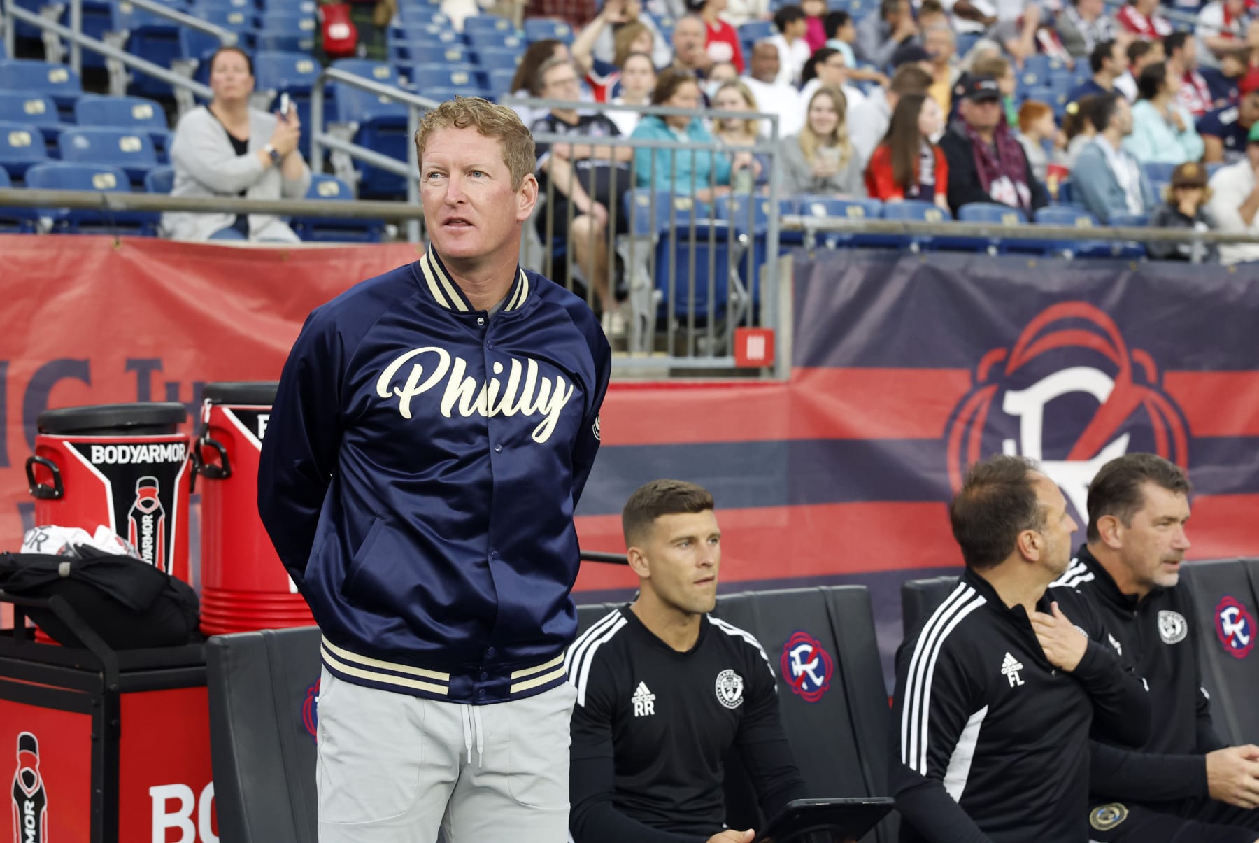 FOXBOROUGH, MA - MAY 28: Philadelphia Union head coach Jim Curtin before a match between the New England Revolution and the Philadelphia Union on May 28, 2022, at Gillette Stadium in Foxborough, Massachusetts. (Photo by Fred Kfoury III/Icon Sportswire via Getty Images)