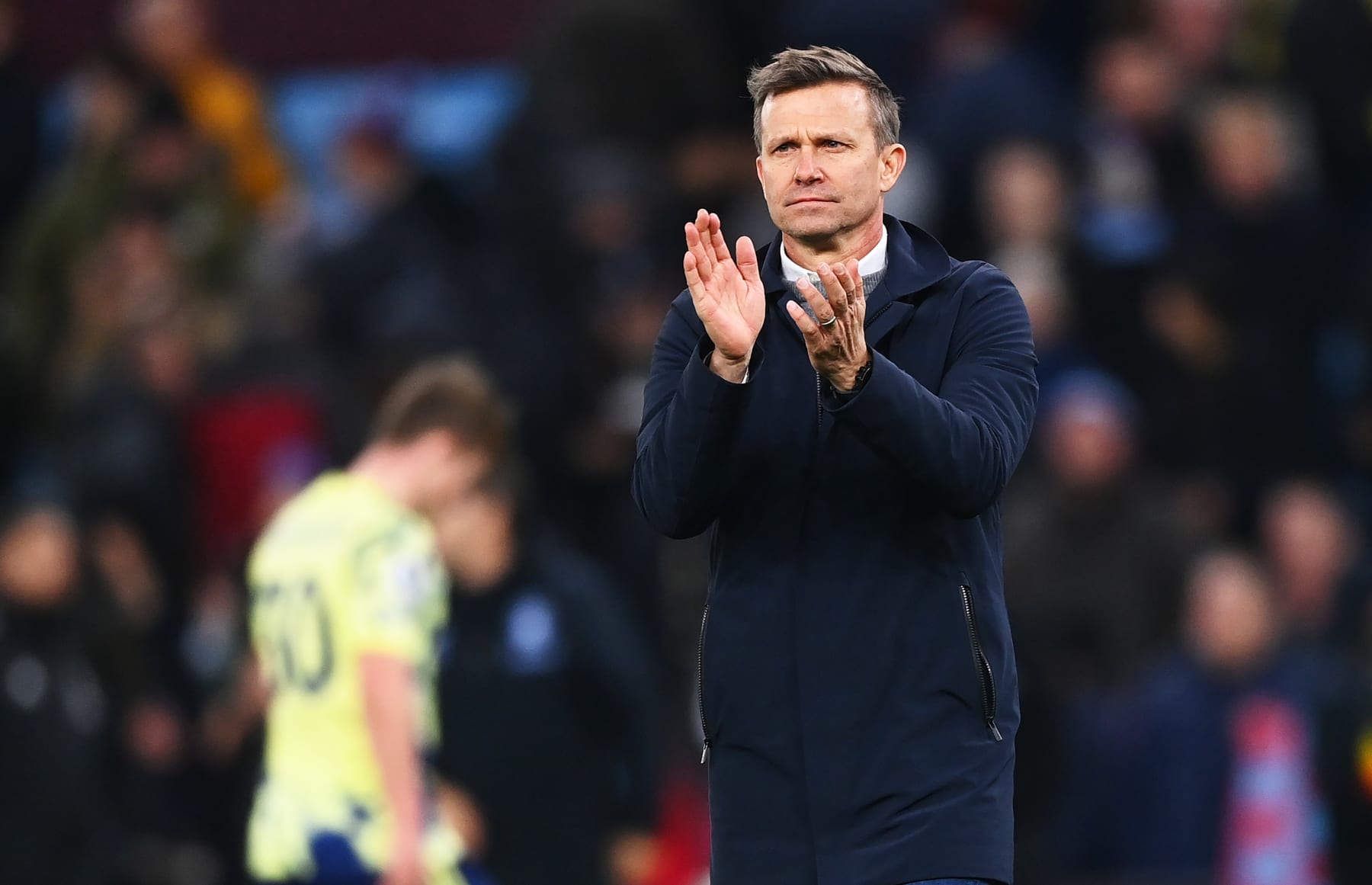 BIRMINGHAM, ENGLAND - JANUARY 13: Jesse Marsch, Manager of Leeds United applauds the fans after the Premier League match between Aston Villa and Leeds United at Villa Park on January 13, 2023 in Birmingham, England. (Photo by Gareth Copley/Getty Images)