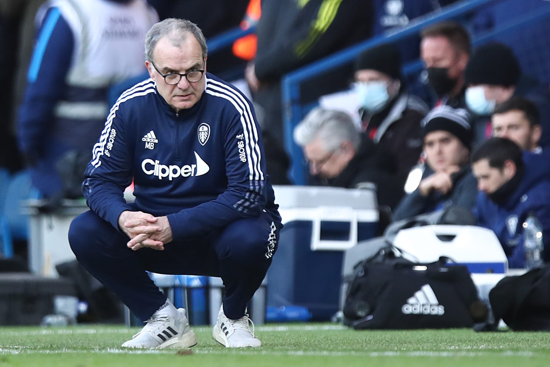 LEEDS, ENGLAND - FEBRUARY 26: Marcelo Bielsa the head coach / manager of Leeds United during the Premier League match between Leeds United and Tottenham Hotspur at Elland Road on February 26, 2022 in Leeds, United Kingdom. (Photo by Robbie Jay Barratt - AMA/Getty Images)