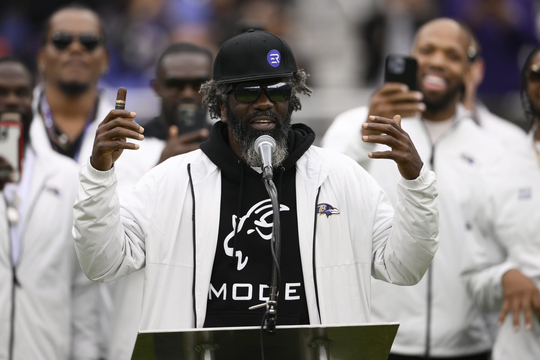 Former Baltimore Ravens player Ed Reed speaks at a ceremony to honor the 2012 Ravens who won Super Bowl XLVII during halftime of an NFL football game between the Cleveland Browns and the Ravens, Sunday, Oct. 23, 2022, in Baltimore. (AP Photo/Nick Wass)
