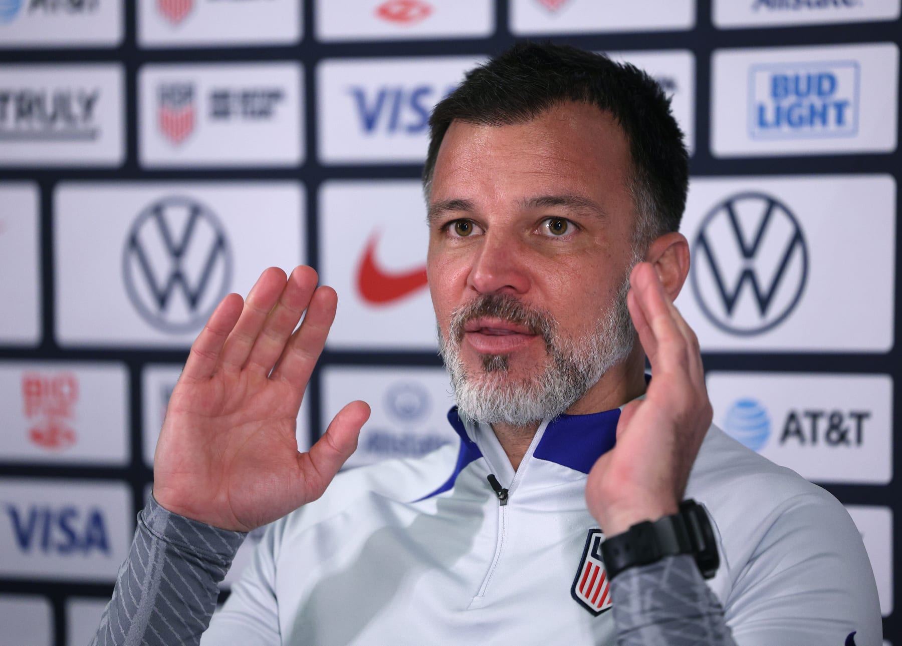 CARSON, CALIFORNIA - JANUARY 24: United States National Men's Soccer interim-head coach Anthony Hudson speaks at a press conference at Dignity Health Sports Park on January 24, 2023 in Carson, California. (Photo by Harry How/Getty Images)