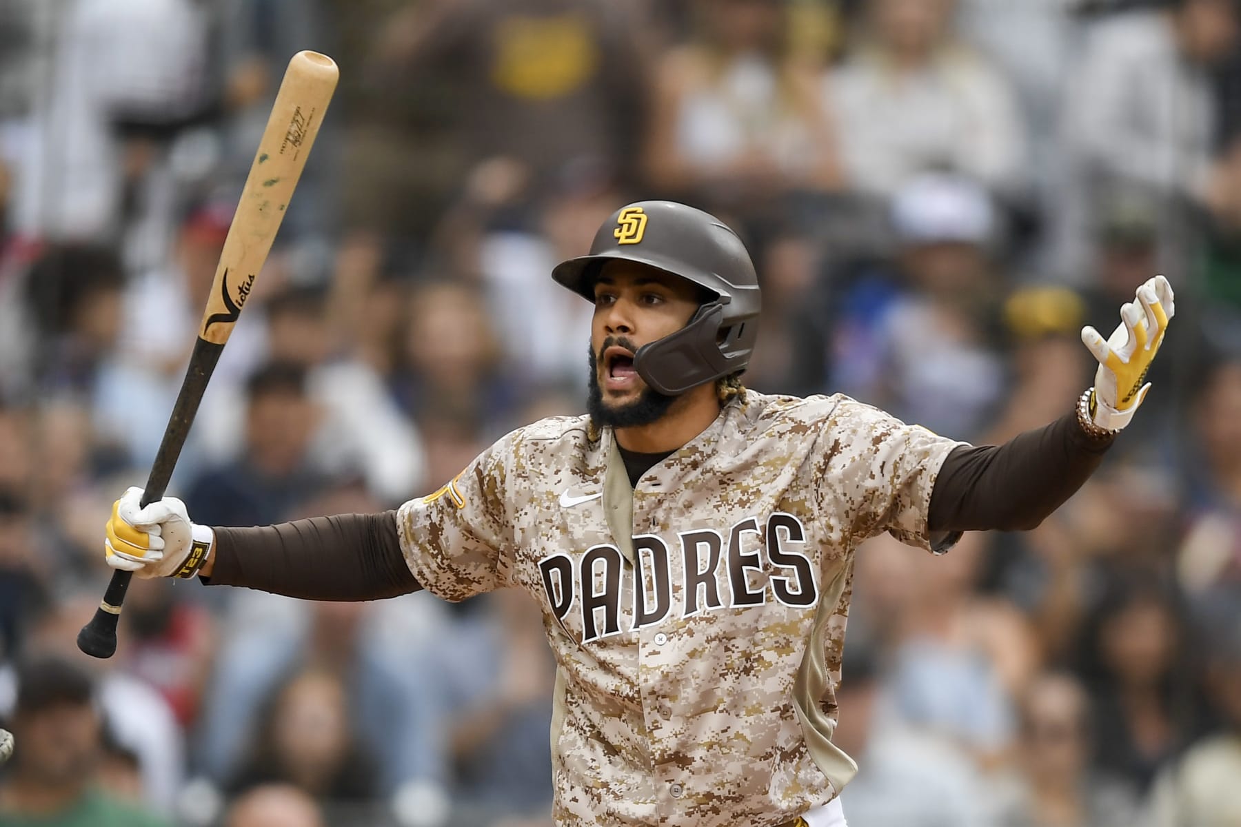 SAN DIEGO, CA - SEPTEMBER 26: Fernando Tatis Jr. #23 of the San Diego Padres reacts to a called third strike in the ninth inning against the Atlanta Braves at Petco Park on September 26, 2021 in San Diego, California. (Photo by Denis Poroy/Getty Images)