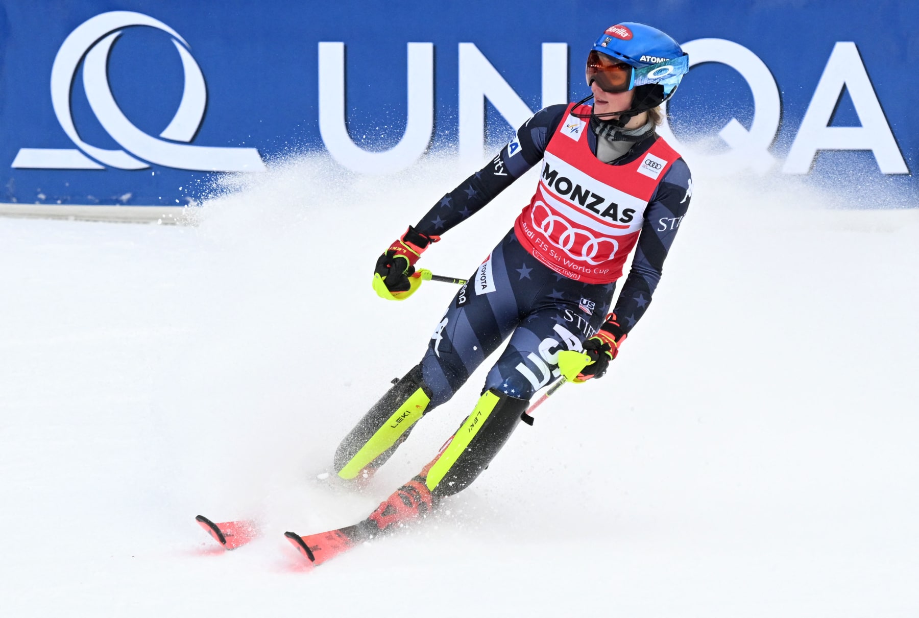 US' Mikaela Shiffrin reacts after her second run of the women's slalom competition of the FIS Ski World Cup in Spindleruv Mlyn, Czech Republic, on January 28, 2023. (Photo by VLADIMIR SIMICEK / AFP) (Photo by VLADIMIR SIMICEK/AFP via Getty Images)