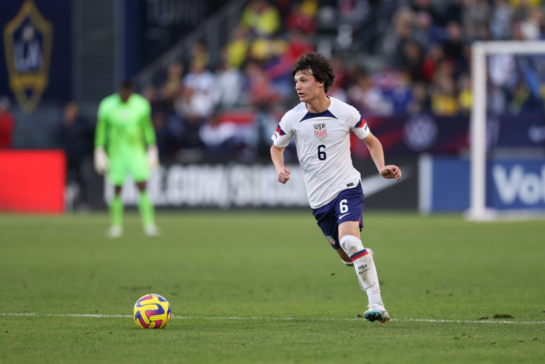 CARSON, CA - JANUARY 28: Paxten Aaronson #6 of the United States during a game between Colombia and USMNT at Dignity Health Sports Park on January 28, 2023 in Carson, California. (Photo by John Dorton/ISI Photos/Getty Images)