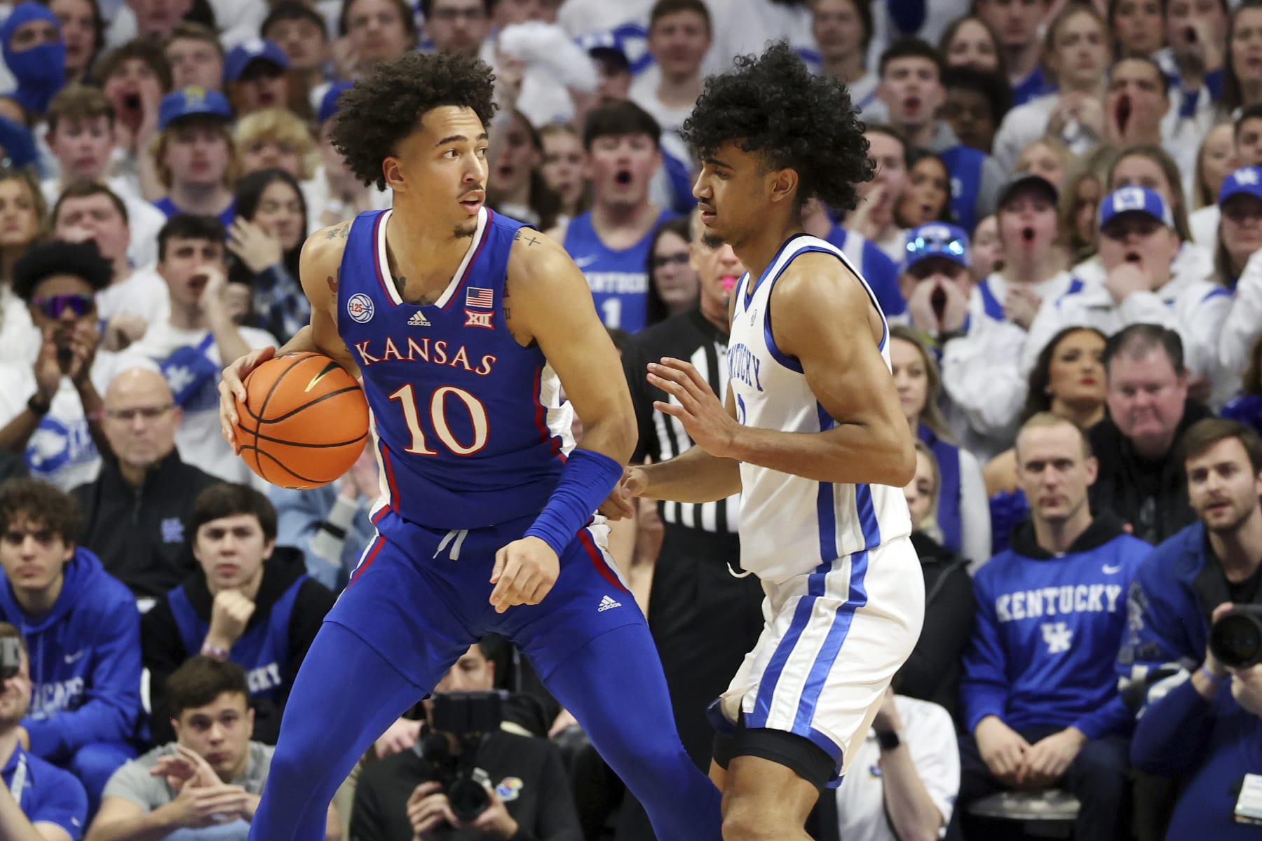 Kansas' Jalen Wilson (10) is defended by Kentucky's Jacob Toppin (0) during the first half of an NCAA college basketball game in Lexington, Ky., Saturday, Jan. 28, 2023. (AP Photo/James Crisp)