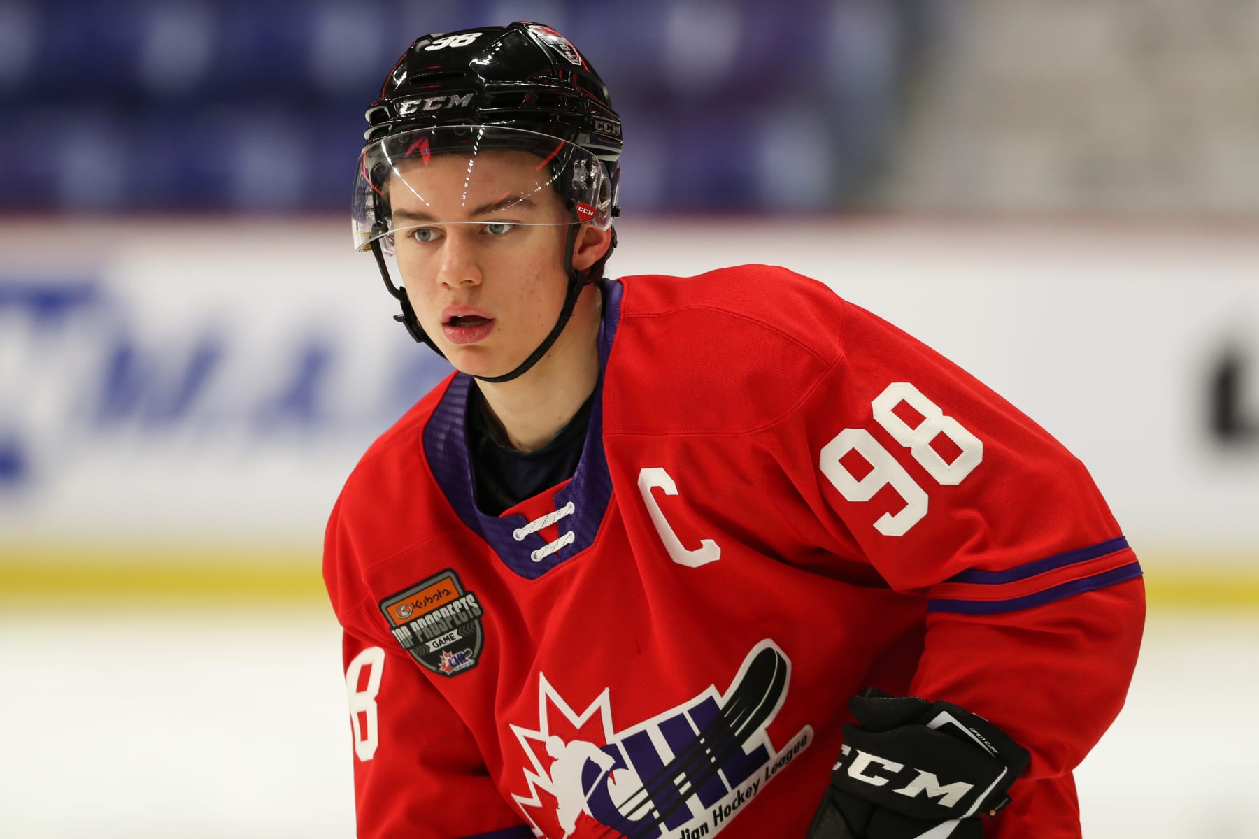 LANGLEY, BRITISH COLUMBIA - JANUARY 25: Forward Connor Bedard #98 of the Regina Pats skates for Team Red during the 2023 Kubota CHL Top Prospects Game Practice at the Langley Events Centre on January 25, 2023 in Langley, British Columbia. (Photo by Dennis Pajot/Getty Images)