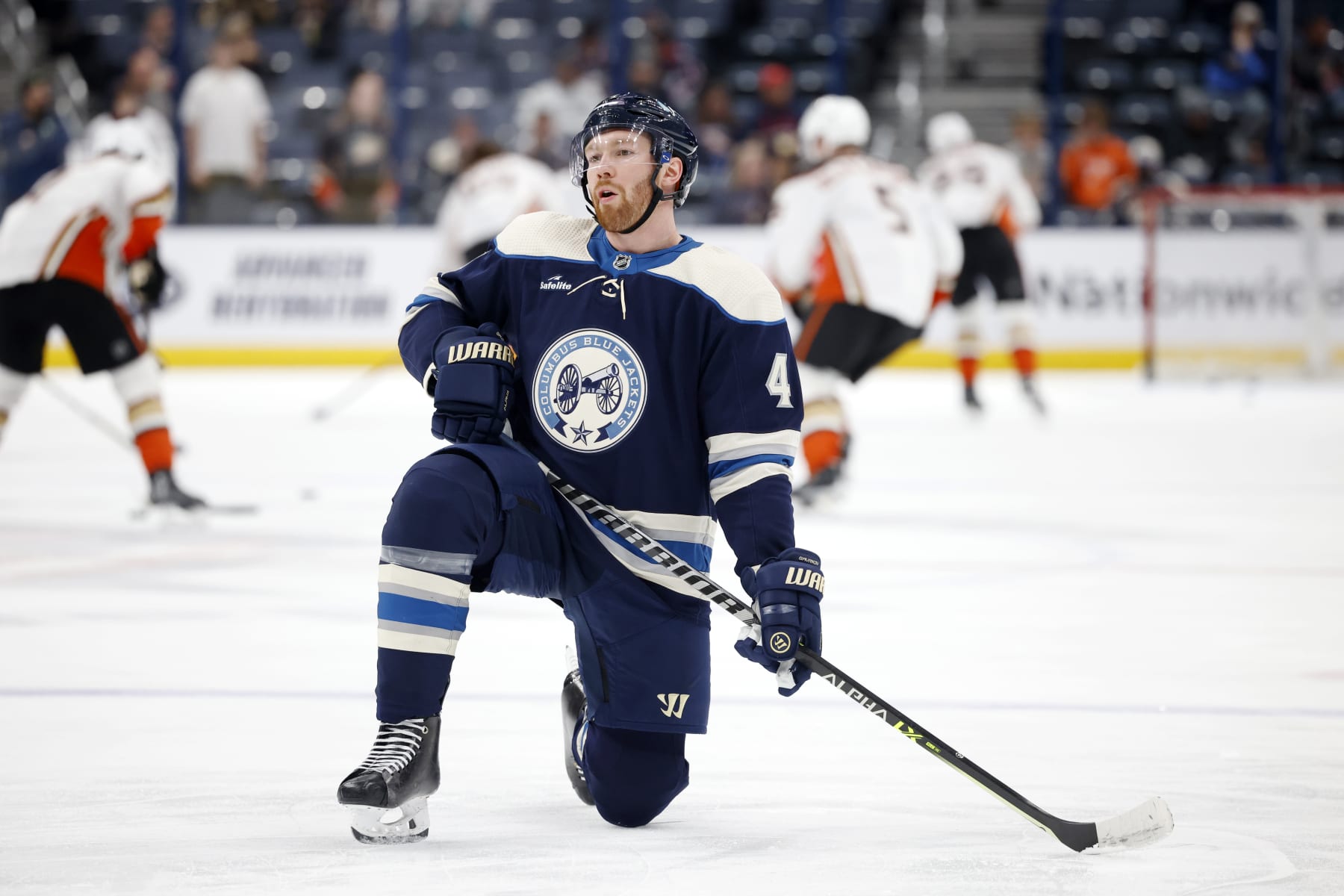COLUMBUS, OH - JANUARY 19: Columbus Blue Jackets defenseman Vladislav Gavrikov (4) looks on during warmup prior to an NHL game against the Anaheim Ducks on January 19, 2023 at Nationwide Arena in Columbus, Ohio. (Photo by Joe Robbins/Icon Sportswire via Getty Images)