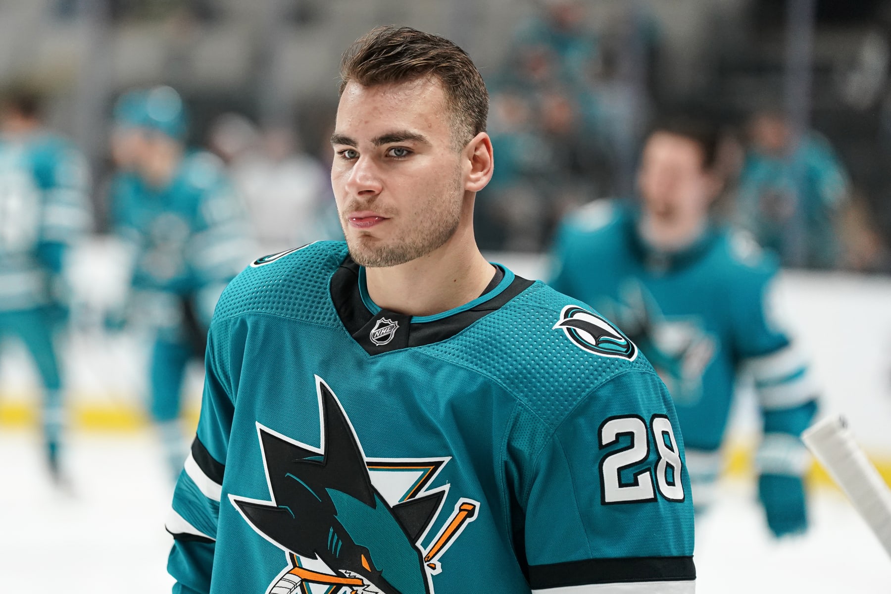 SAN JOSE, CA - JANUARY 16: Timo Meier #28 of the San Jose Sharks skates during warmups before the game against the New Jersey Devils at SAP Center on January 16, 2023 in San Jose, California. (Photo by Kavin Mistry/NHLI via Getty Images)