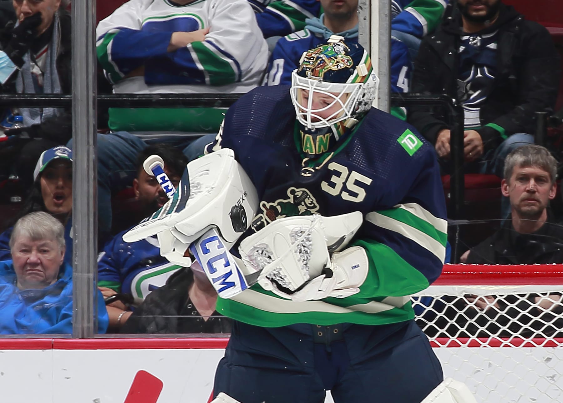 VANCOUVER, CANADA - NOVEMBER 21: Thatcher Demko #35 of the Vancouver Canucks makes a save during their NHL game against the Vegas Golden Knights at Rogers Arena November 21, 2022 in Vancouver, British Columbia, Canada. (Photo by Jeff Vinnick/NHLI via Getty Images)