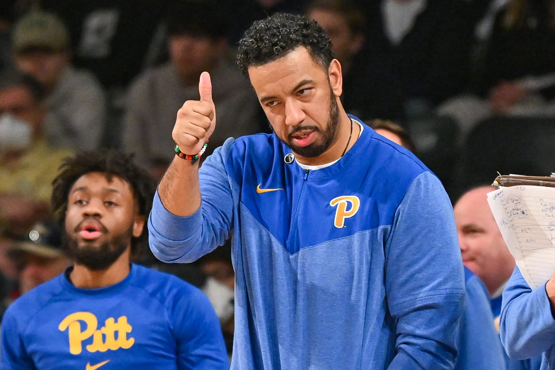 ATLANTA, GA JANUARY 14: Pittsburgh assistant coach Jason Capel gestures from the bench during the college basketball game between the Pittsburgh Panthers and the Georgia Tech Yellow Jackets on January 14th, 2023 at Hank McCamish Pavilion in Atlanta, GA. (Photo by Rich von Biberstein/Icon Sportswire via Getty Images)