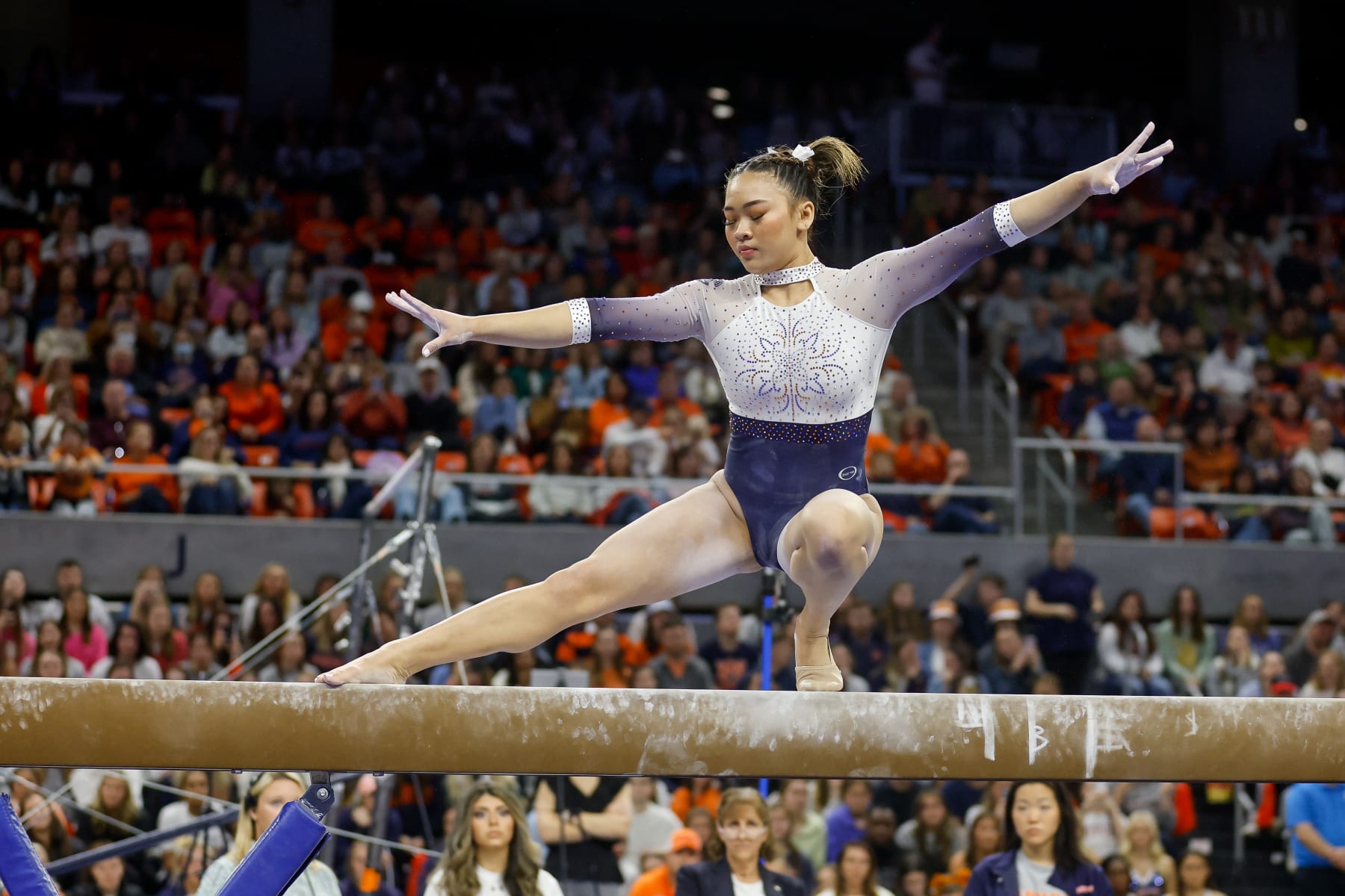 AUBURN, AL - JANUARY 20: Sunisa Lee of Auburn competes on the balance beam during a meet against Arkansas at Neville Arena on January 20, 2023 in Auburn, Alabama. (Photo by Stew Milne/Getty Images)