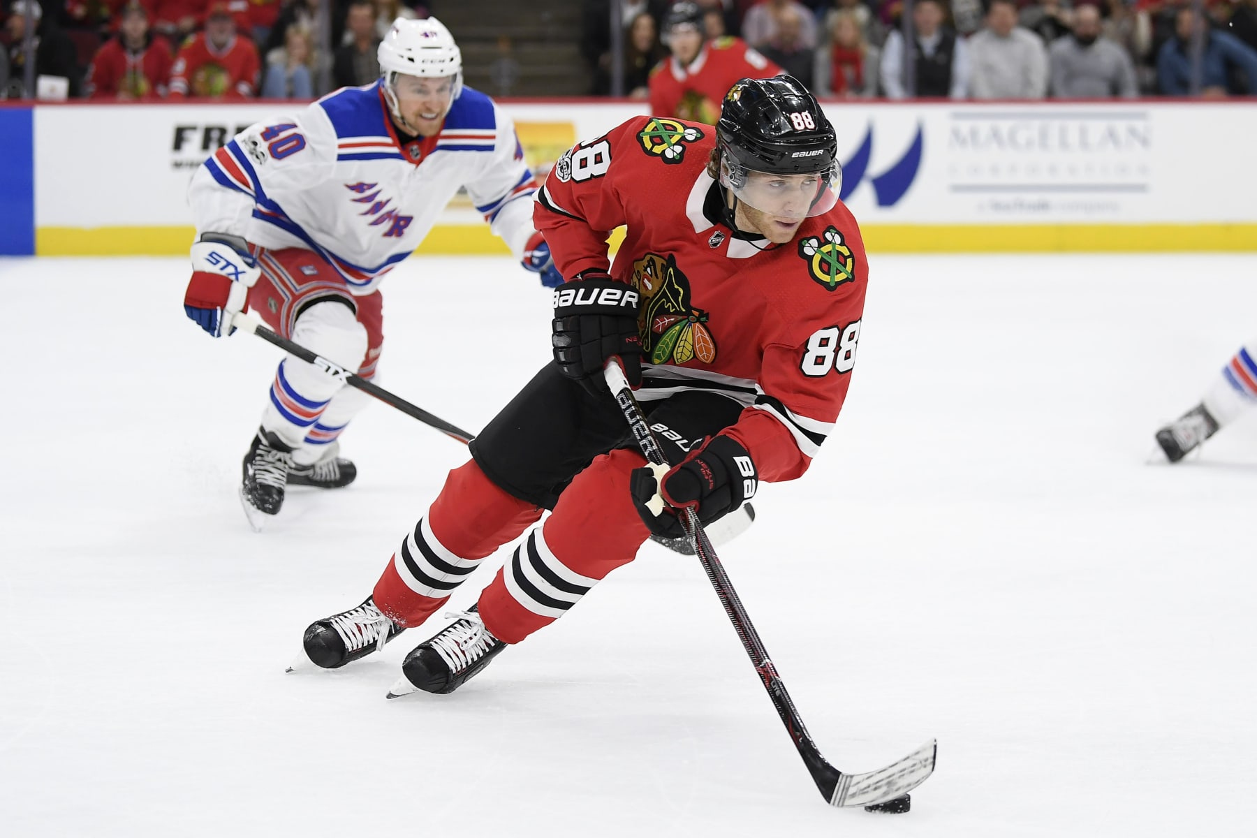 CHICAGO, IL - NOVEMBER 15: Chicago Blackhawks right wing Patrick Kane (88) skates with the puck in the first period during a game between the Chicago Blackhawks and the New York Rangers on November 15, 2017, at the United Center in Chicago, IL. (Photo by Robin Alam/Icon Sportswire via Getty Images)