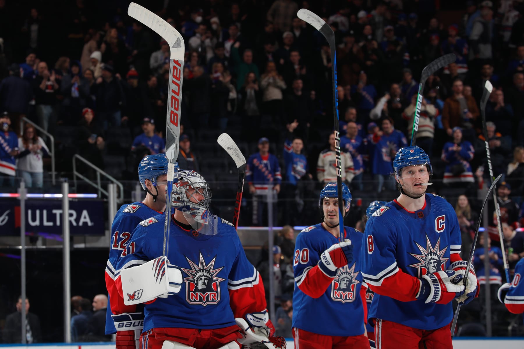 NEW YORK, NEW YORK - JANUARY 27: Jarosalv Halak #41 and the New York Rangers celebrate after a 4-1 win against the Vegas Golden Knights at Madison Square Garden on January 27, 2023 in New York City. (Photo by Jared Silber/NHLI via Getty Images)