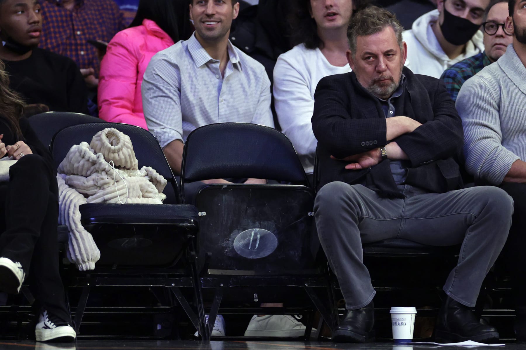 New York Knicks owner James Dolan watches during the first half of the team's NBA basketball game against the New Orleans Pelicans on Thursday, Jan. 20, 2022, in New York. (AP Photo/Adam Hunger)