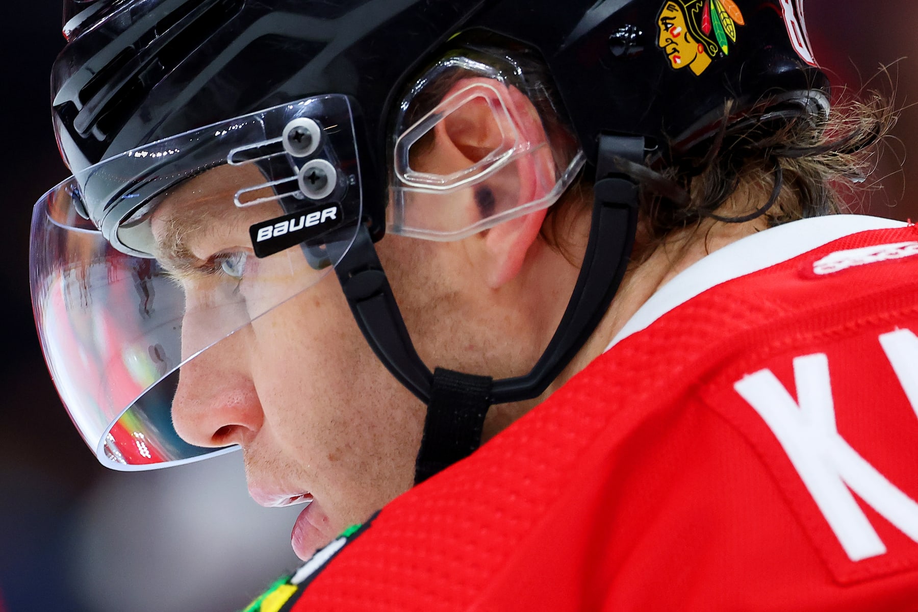 CHICAGO, ILLINOIS - FEBRUARY 07: Patrick Kane #88 of the Chicago Blackhawks looks on prior to the game against the Anaheim Ducks at United Center on February 07, 2023 in Chicago, Illinois. (Photo by Michael Reaves/Getty Images)