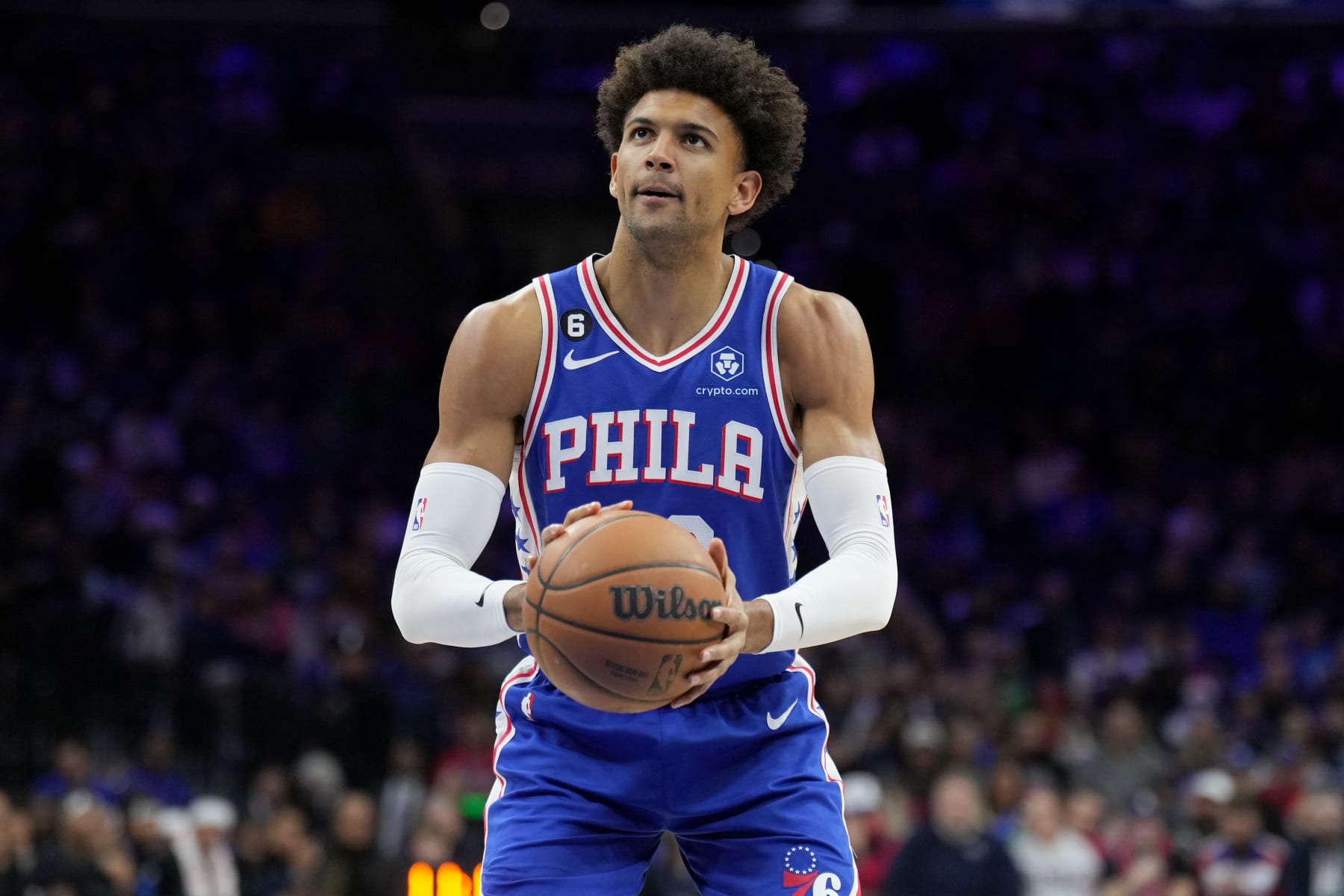PHILADELPHIA, PA - JANUARY 30: Matisse Thybulle #22 of the Philadelphia 76ers prepares to shoot a free throw during the game against the Orlando Magic on January 30, 2023 at the Wells Fargo Center in Philadelphia, Pennsylvania NOTE TO USER: User expressly acknowledges and agrees that, by downloading and/or using this Photograph, user is consenting to the terms and conditions of the Getty Images License Agreement. Mandatory Copyright Notice: Copyright 2023 NBAE (Photo by Jesse D. Garrabrant/NBAE via Getty Images) PHILADELPHIA, PA - JANUARY 30: Matisse Thybulle #22 of the Philadelphia 76ers prepares to shoot a free throw during the game against the Orlando Magic on January 30, 2023 at the Wells Fargo Center in Philadelphia, Pennsylvania NOTE TO USER: User expressly acknowledges and agrees that, by downloading and/or using this Photograph, user is consenting to the terms and conditions of the Getty Images License Agreement. Mandatory Copyright Notice: Copyright 2023 NBAE (Photo by Jesse D. Garrabrant/NBAE via Getty Images)
