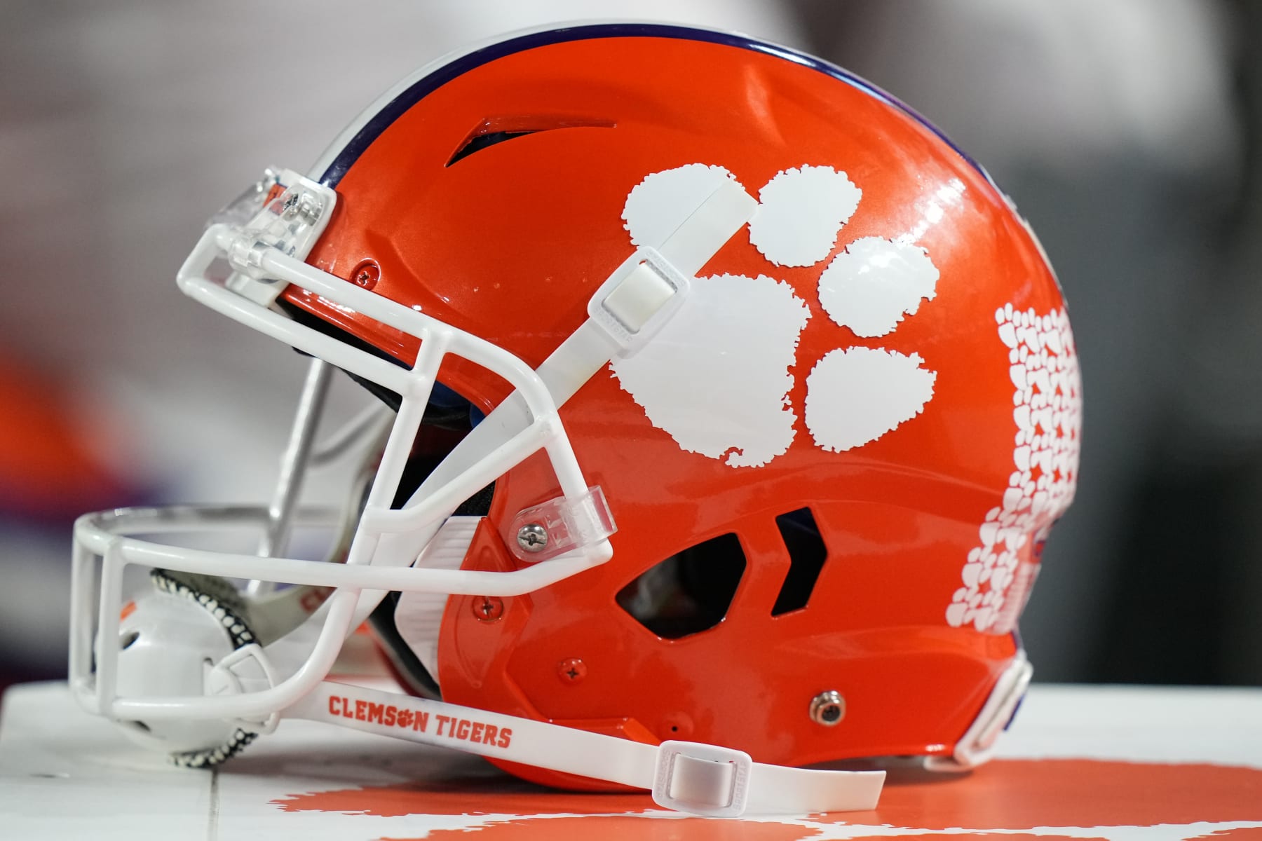 MIAMI GARDENS, FL - DECEMBER 30: a Clemson Tigers helmet rests near the sidelines during the Capital One Orange Bowl game between the Tennessee Volunteers and the Clemson Tigers on Friday, December 20, 2022 at Hard Rock Stadium, Miami Gardens, Fla. (Photo by Peter Joneleit/Icon Sportswire via Getty Images)