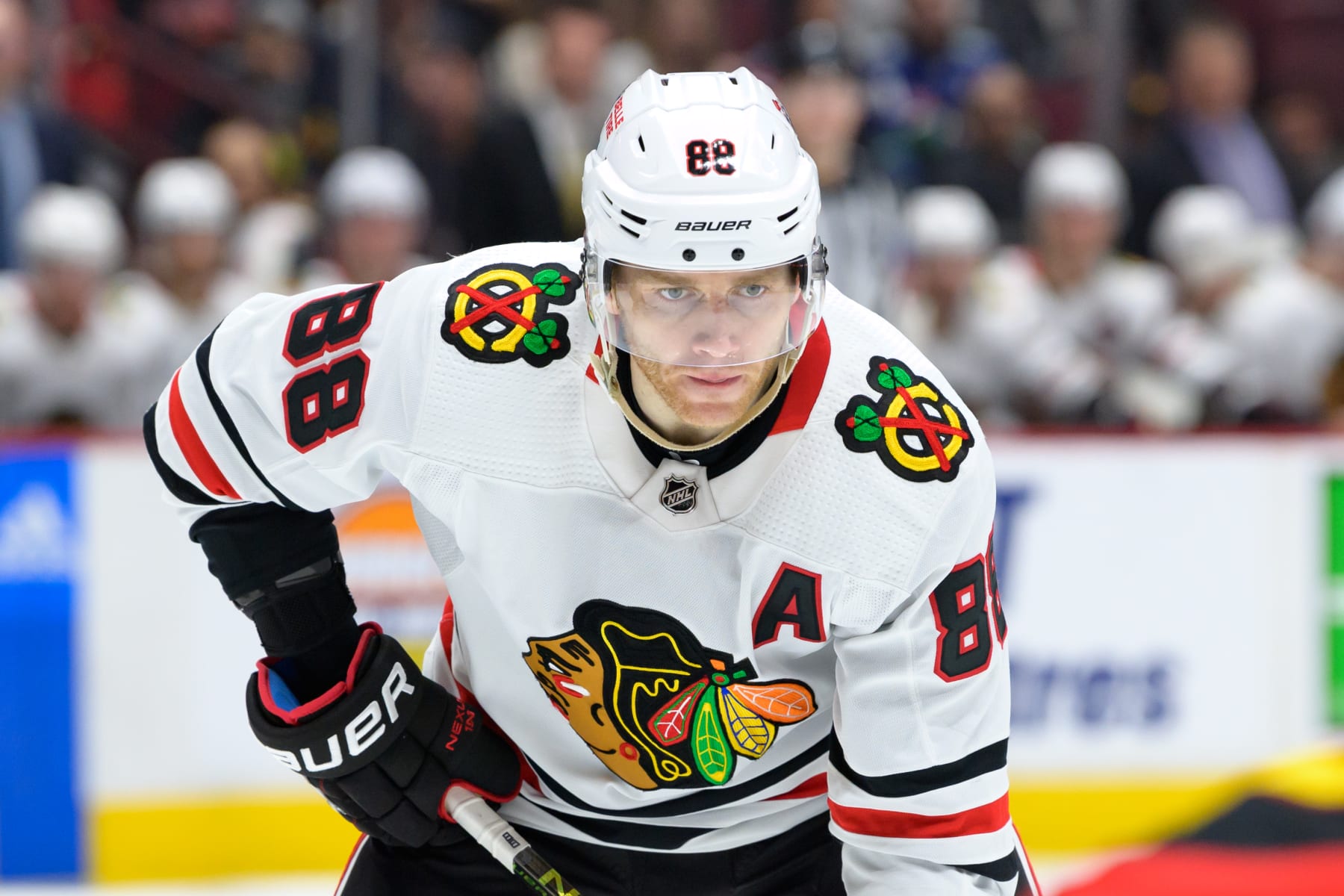 VANCOUVER, CANADA - JANUARY 24: Patrick Kane #88 of the Chicago Blackhawks waits for a face-off during the first period of their NHL game against the Vancouver Canucks at Rogers Arena on January 24, 2023 in Vancouver, British Columbia, Canada. Vancouver won 5-2. (Photo by Derek Cain/Getty Images)
