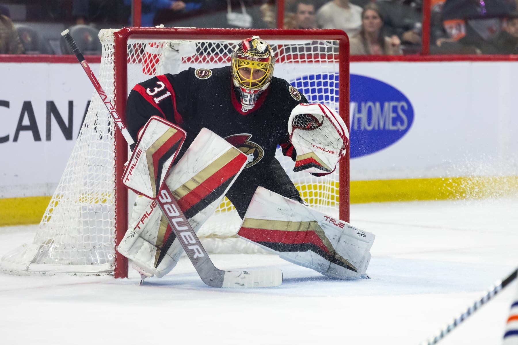 OTTAWA, ON - FEBRUARY 11: Ottawa Senators Goalie Anton Forsberg (31) prepares to make a save during third period National Hockey League action between the Edmonton Oilers and Ottawa Senators on February 11, 2023, at Canadian Tire Centre in Ottawa, ON, Canada. (Photo by Richard A. Whittaker/Icon Sportswire via Getty Images)